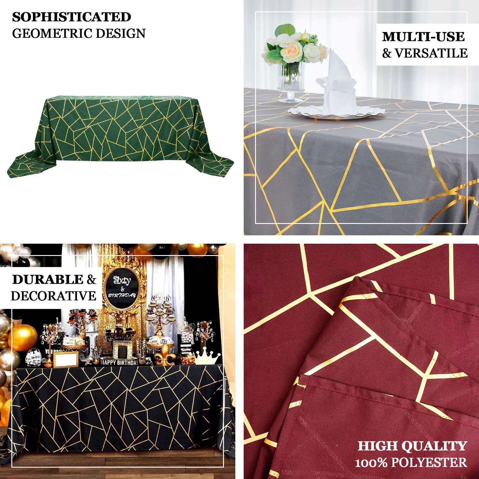 Wrinkle-Resistant Navy Blue Polyester Tablecloth with Gold Foil Pattern for Elegant Events