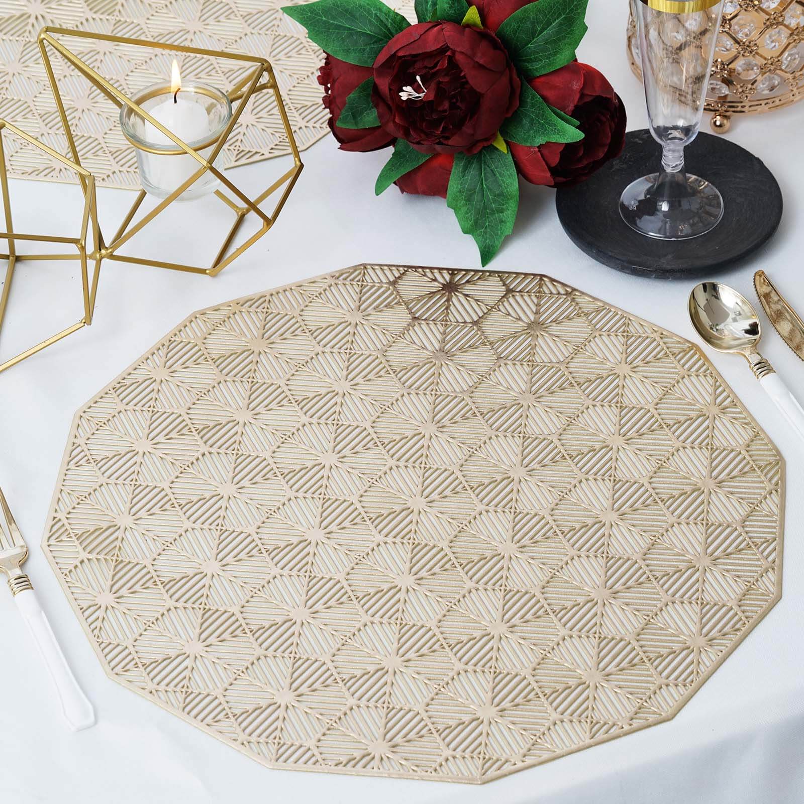 6-Piece Gold Geometric Woven Vinyl Dining Table Mats with Non-Slip Surface, 15 Inches