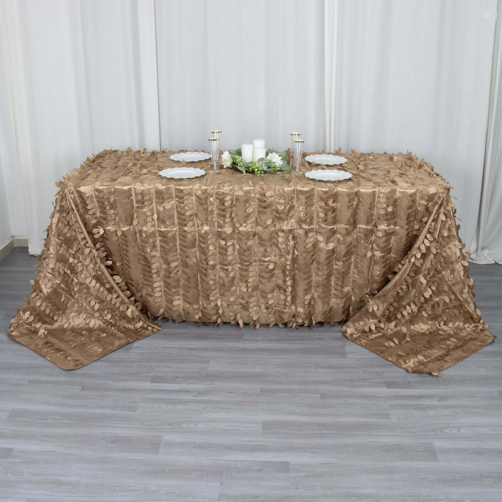 Taupe Taffeta 90x132 Rectangle Tablecloth with 3D Seamless Leaf Petal Design