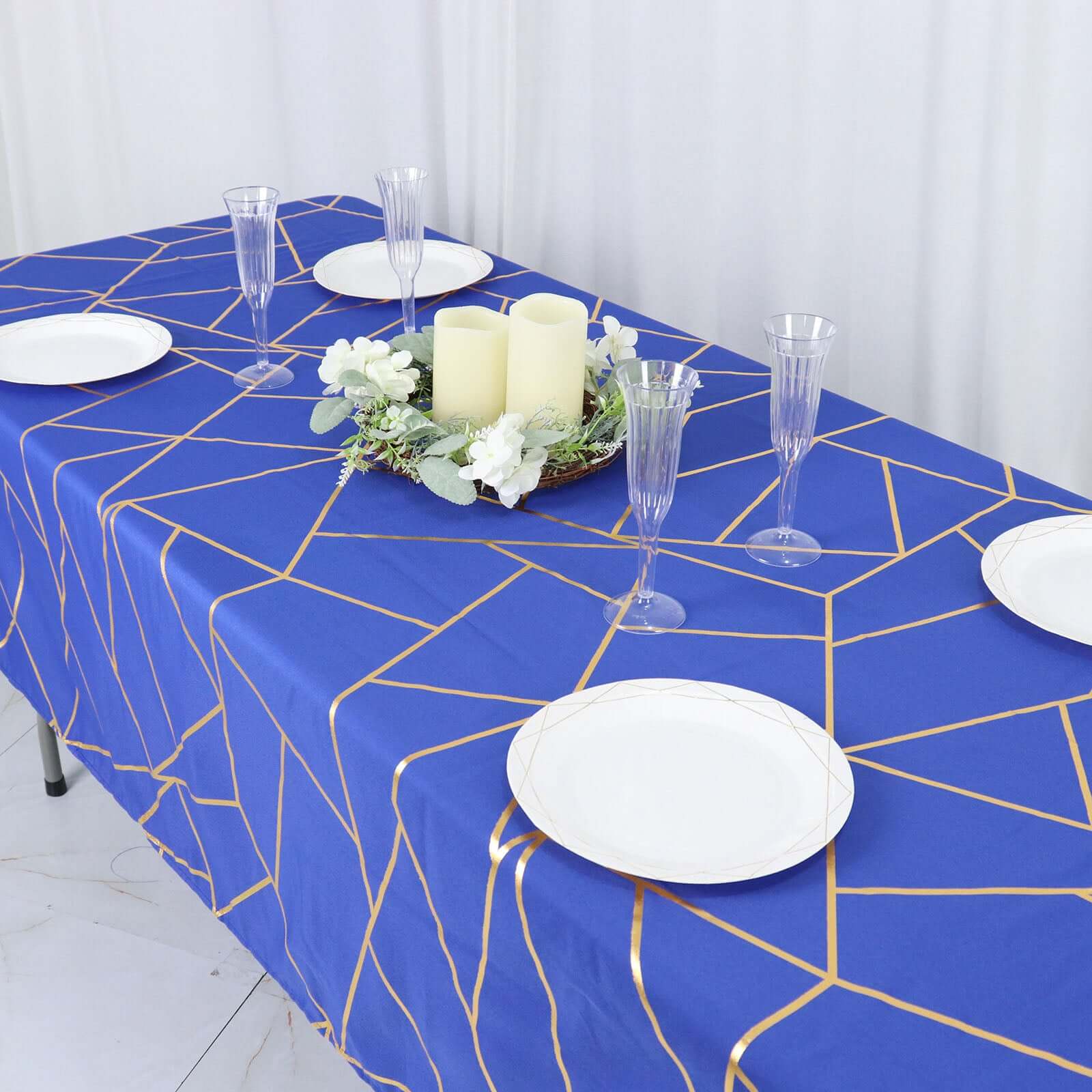 Wrinkle-Resistant & Durable Royal Blue Polyester Tablecloth with Gold Foil Geometric Pattern (60x102)