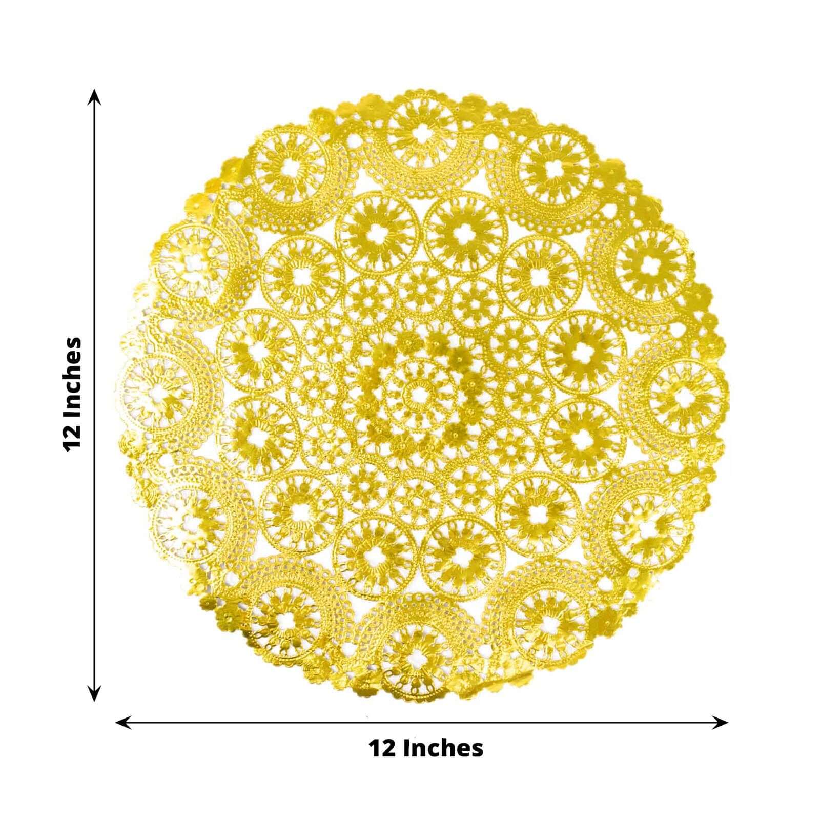 Hot Sale! 50-Pack Disposable 12-Inch Metallic Gold Paper Round Placemats for Dessert Display & Table Decor