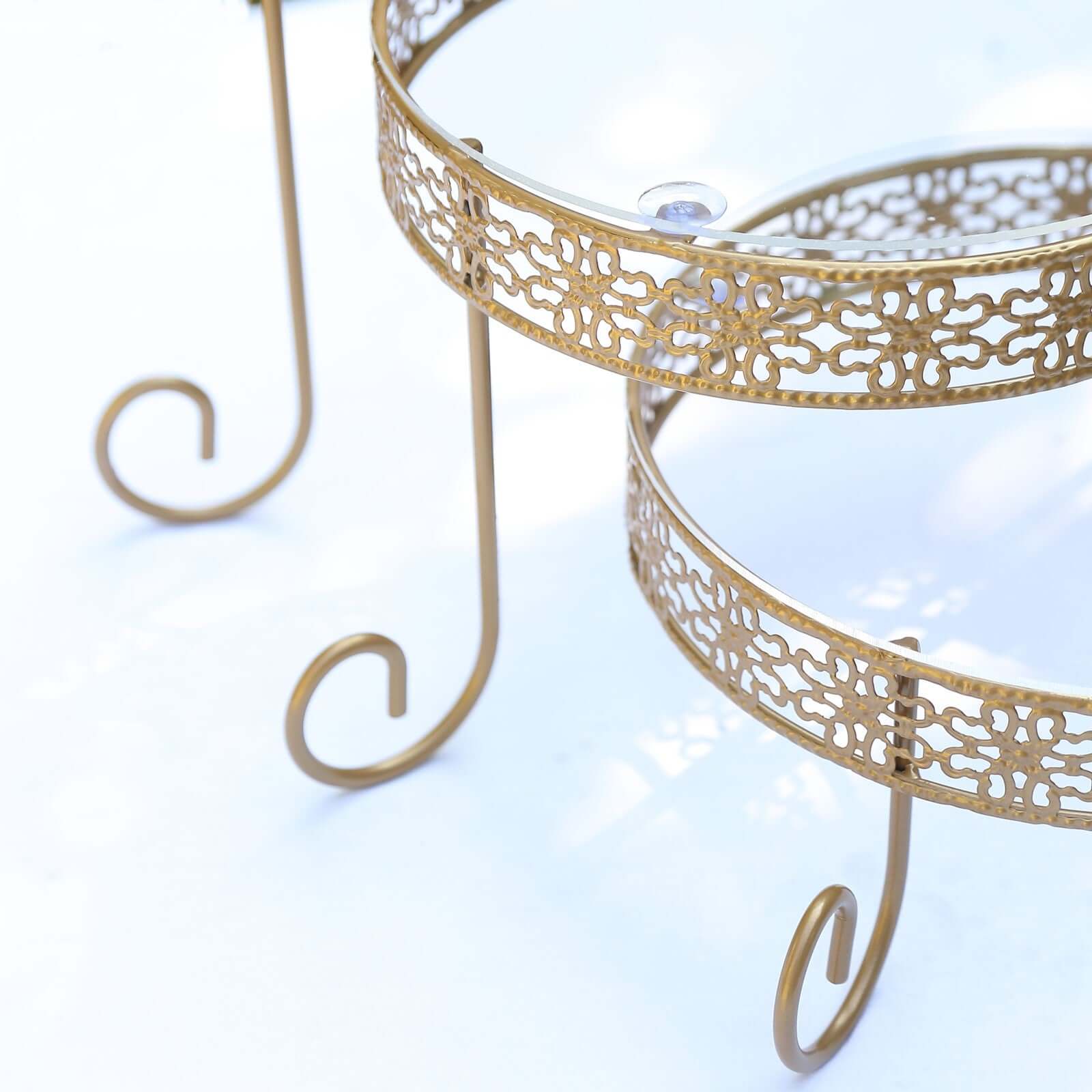 3-Tier Gold Metal Rotating Cupcake Stand with Clear Acrylic Plates - Hollow Lace Design