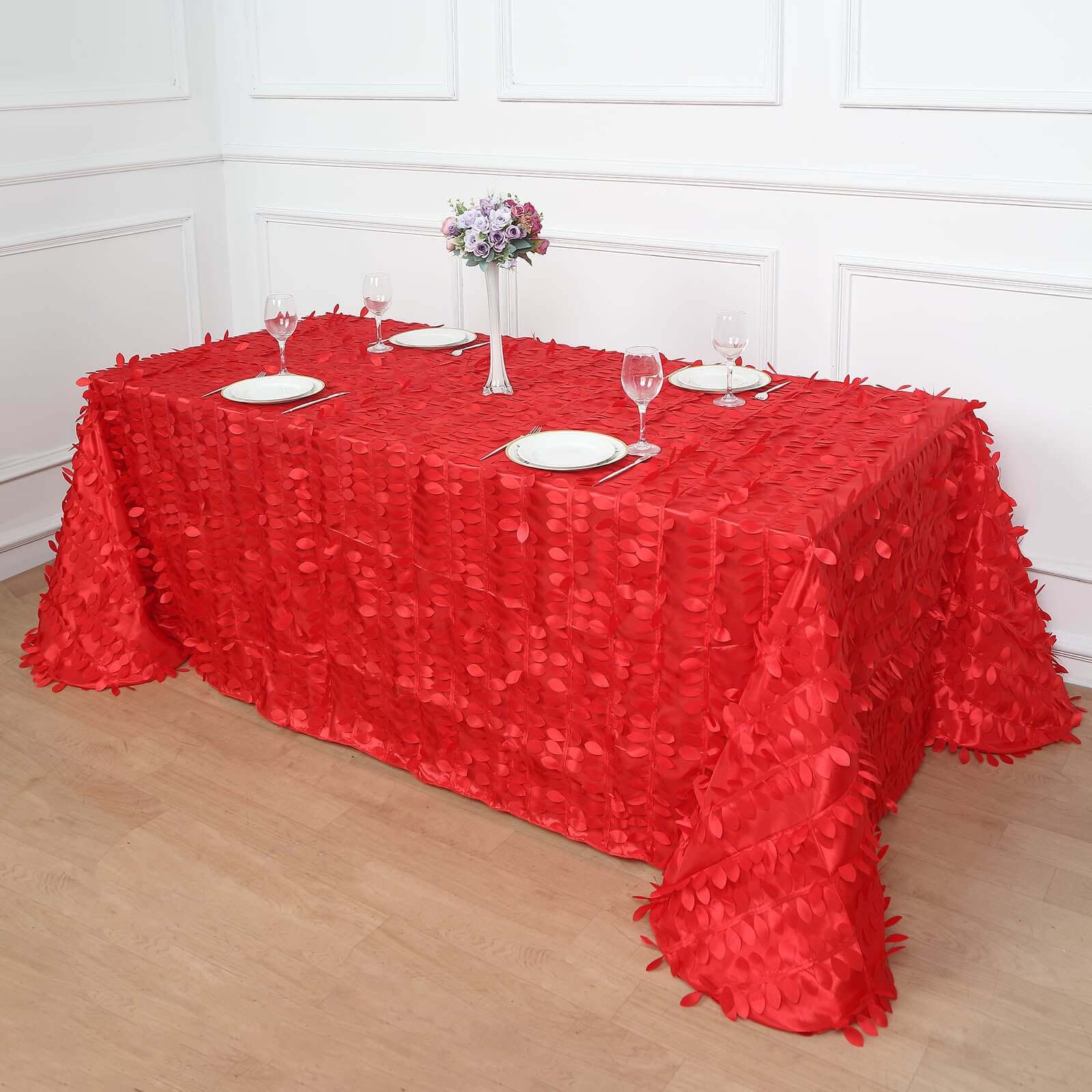 Hot Deal! Red Taffeta Rectangle Tablecloth with 3D Leaf Petal Design
