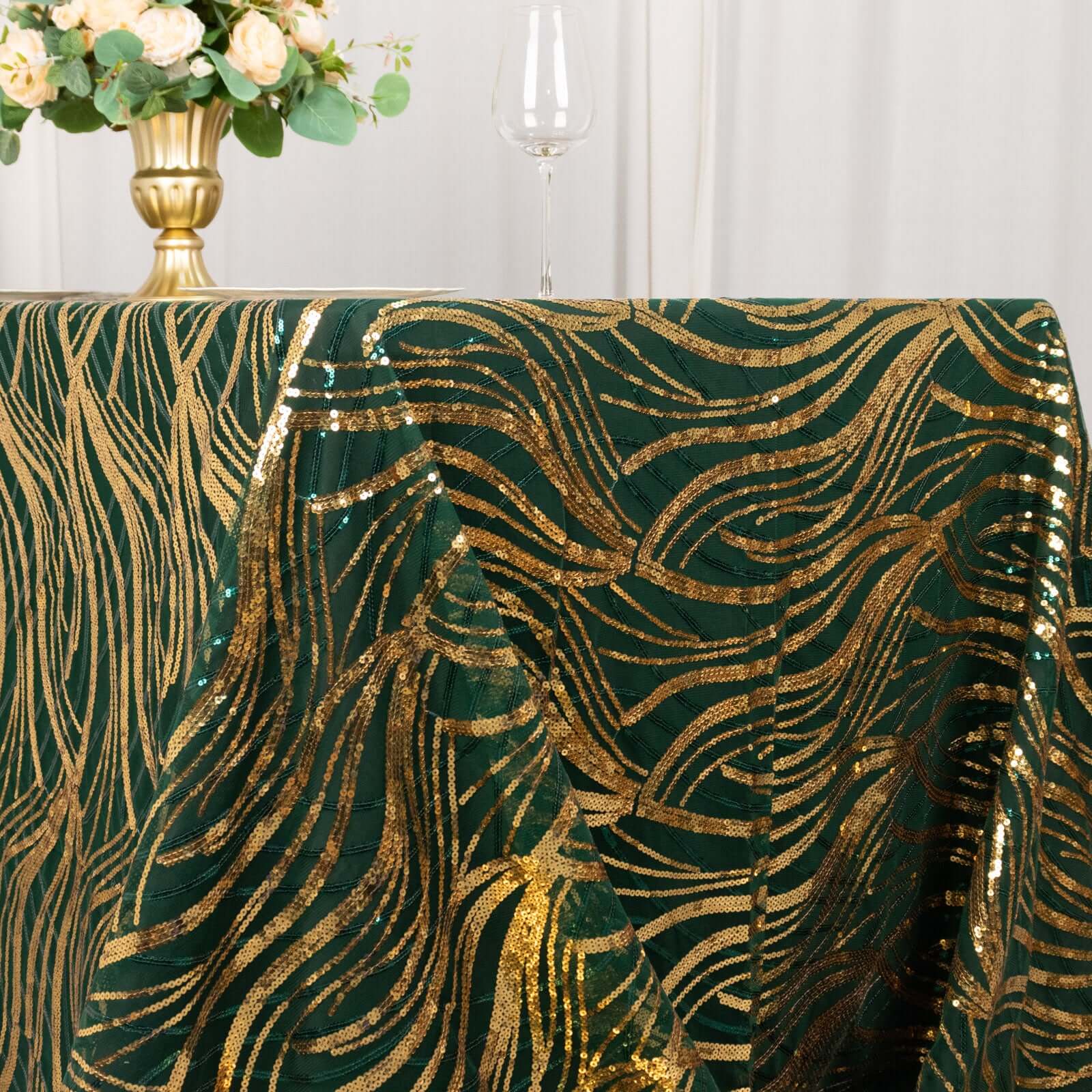 Sparkling Wave Sequin Embroidered Mesh Rectangle Tablecloth - Hunter Emerald Green/Gold