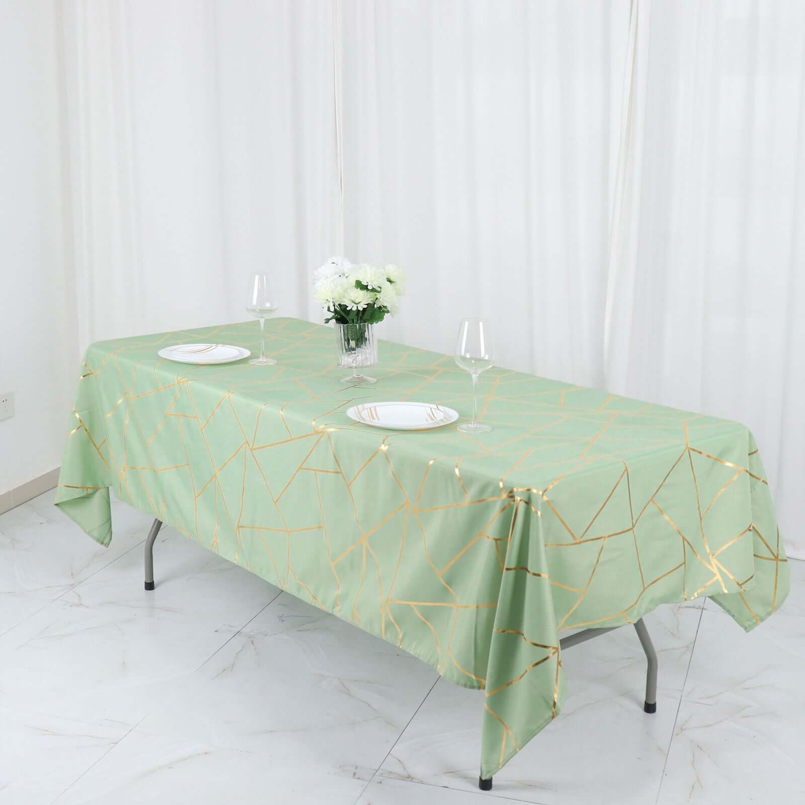 Hot Sale! Wrinkle-Resistant & Durable Polyester Rectangle Tablecloth in Sage Green with Gold Foil Geometric Design (60x102)