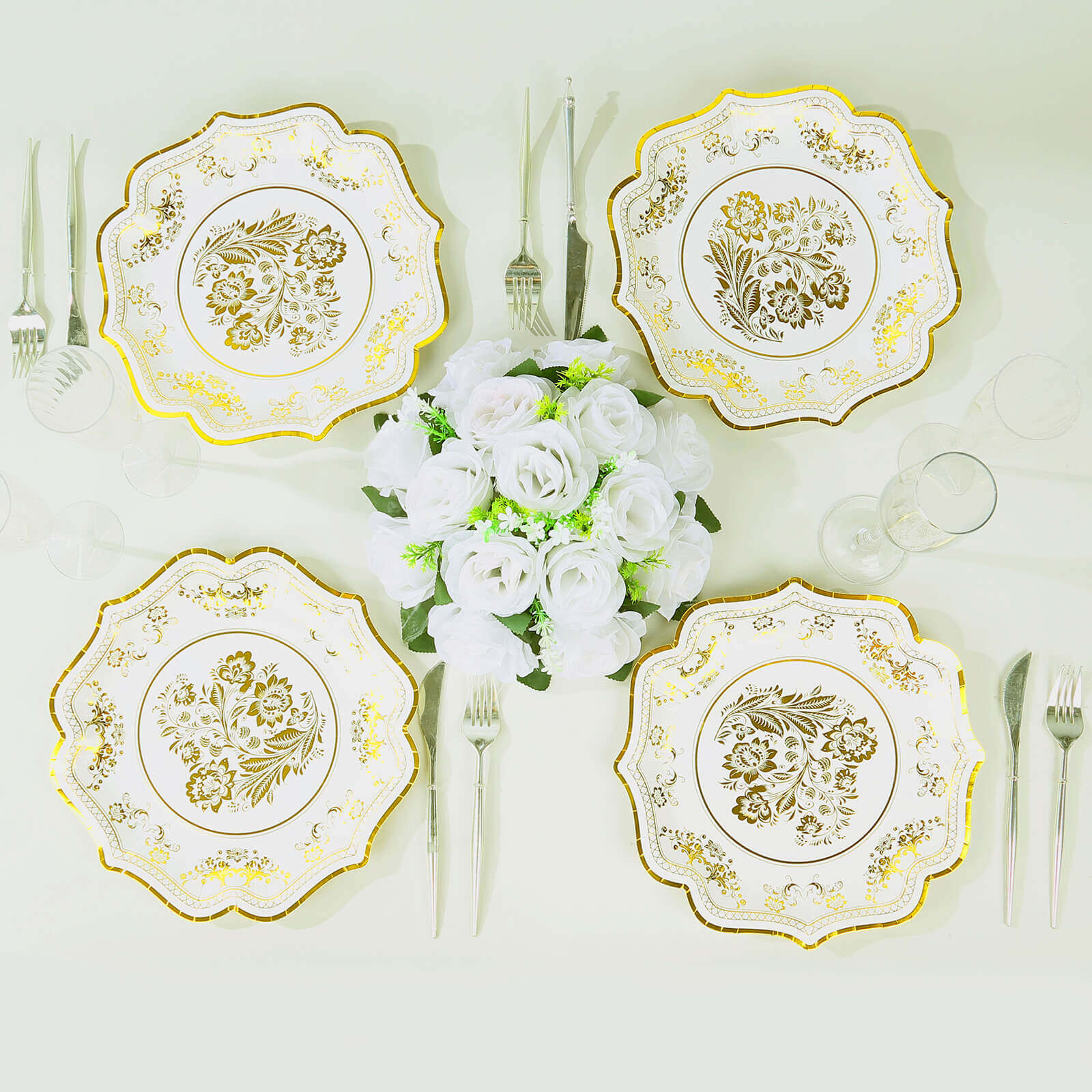 25-Piece Set of Elegant White and Gold Damask Floral Disposable Paper Dinner Plates, 10-Inch Size