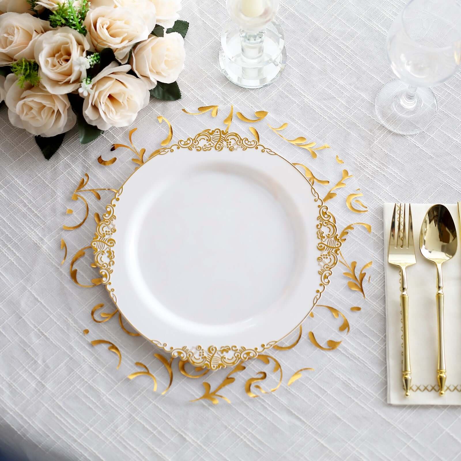 Hot Deal! 10-Pack Metallic Gold Round Organza Disposable Table Placemats with Embossed Foil Flower Design