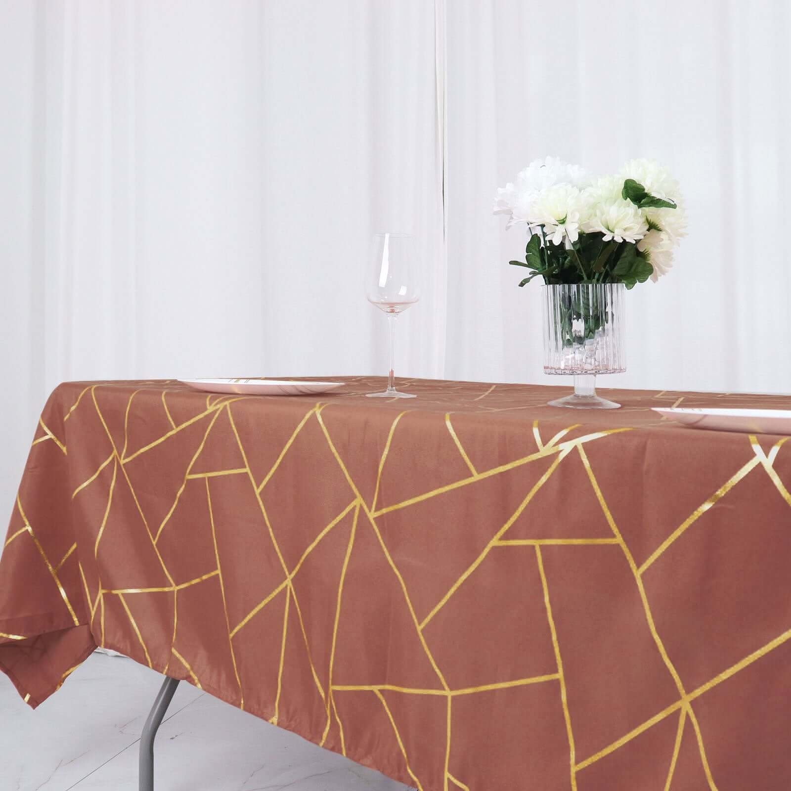 Wrinkle-Resistant & Durable Polyester Rectangle Tablecloth in Terracotta with Gold Foil Geometric Design - Ideal for Events