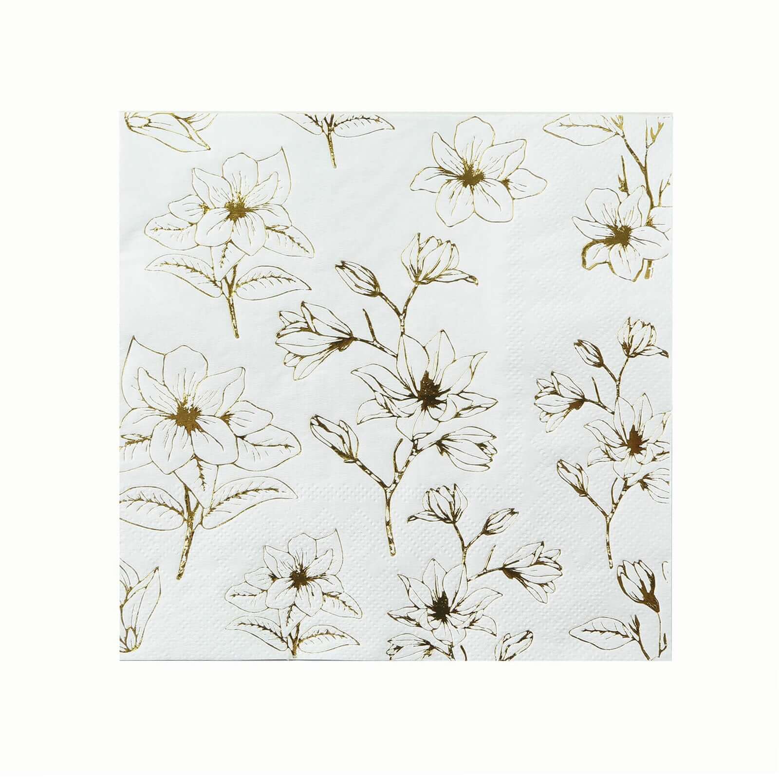 50-Pack 2-Ply Absorbent Soft White Paper Cocktail Napkins with Gold Magnolia Prints