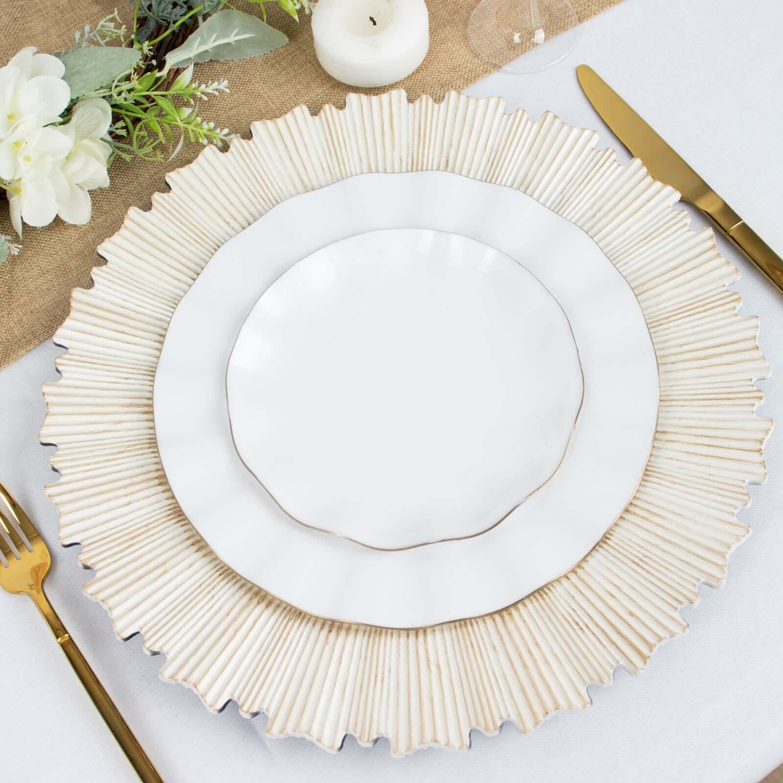 6-Piece Set of 13-Inch Washwhite Acrylic Charger Plates with Sunray Scalloped Rim for Dinner Parties