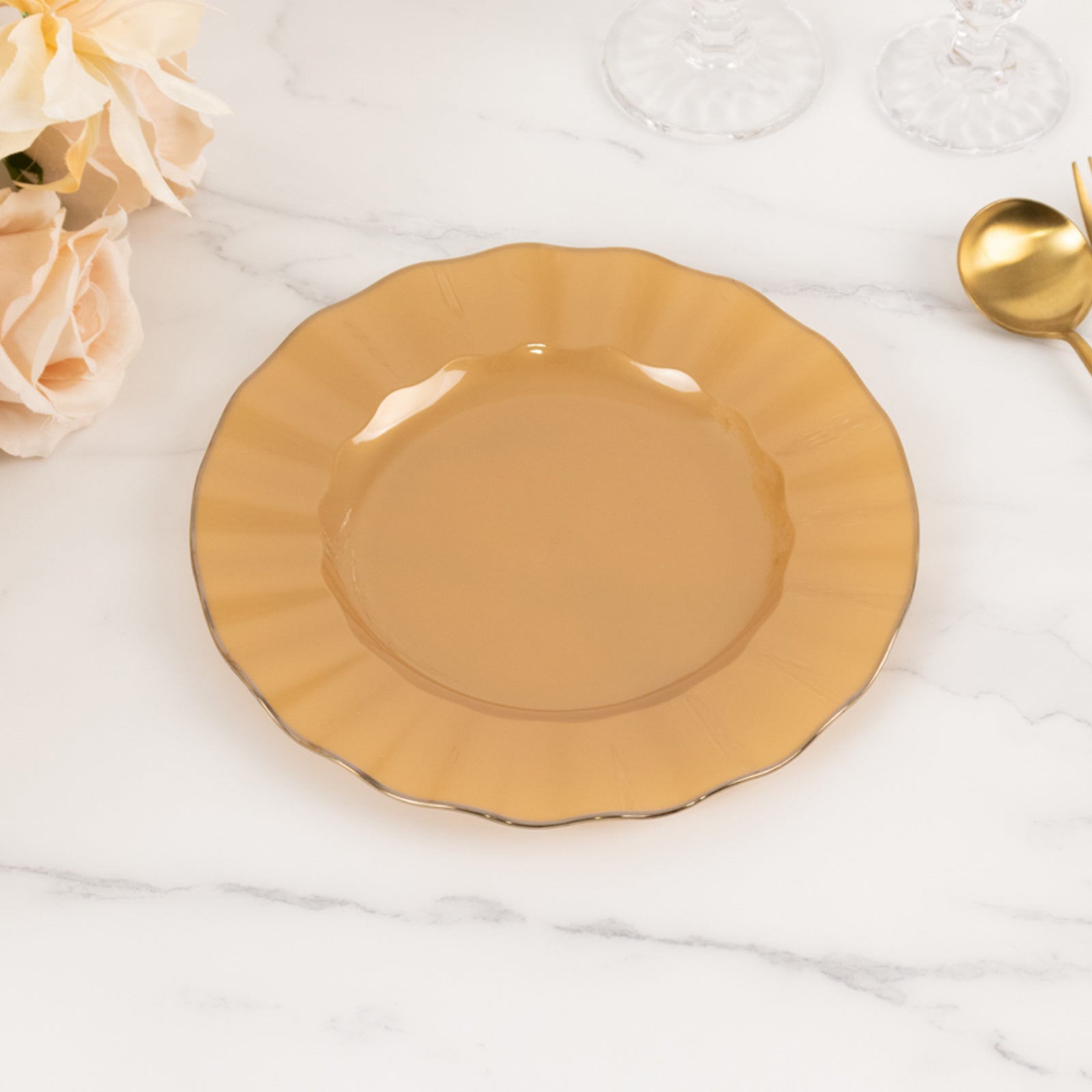 10-Pack Gold Plastic Round Dinner Plates with Ruffled Rim - Ideal for Classy Events