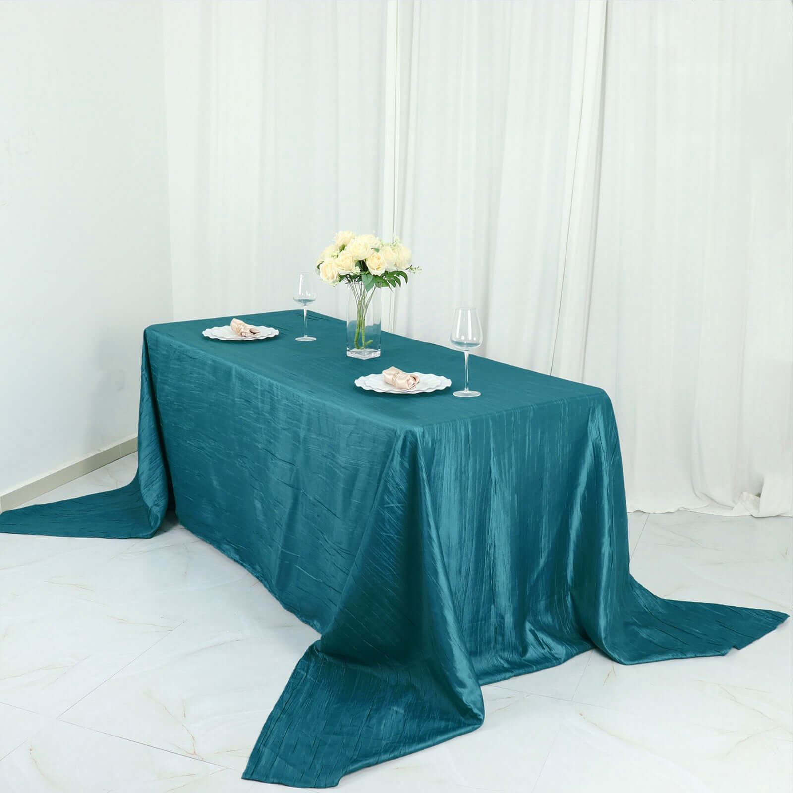 Teal Crinkle Taffeta 90x156 Rectangle Tablecloth - Seamless, Exquisite Cover