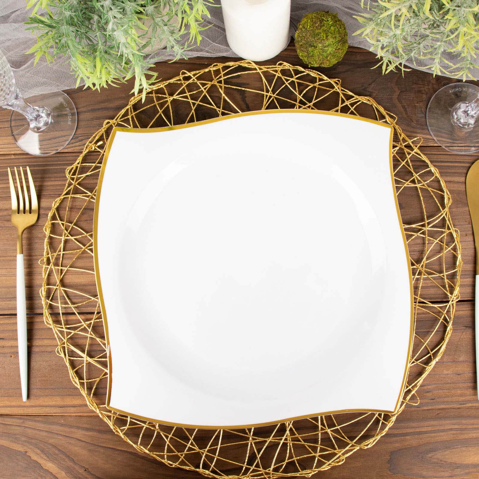 10-Piece Set of White Plastic Square Dinner Plates with Gold Wavy Rim for Luxury Parties