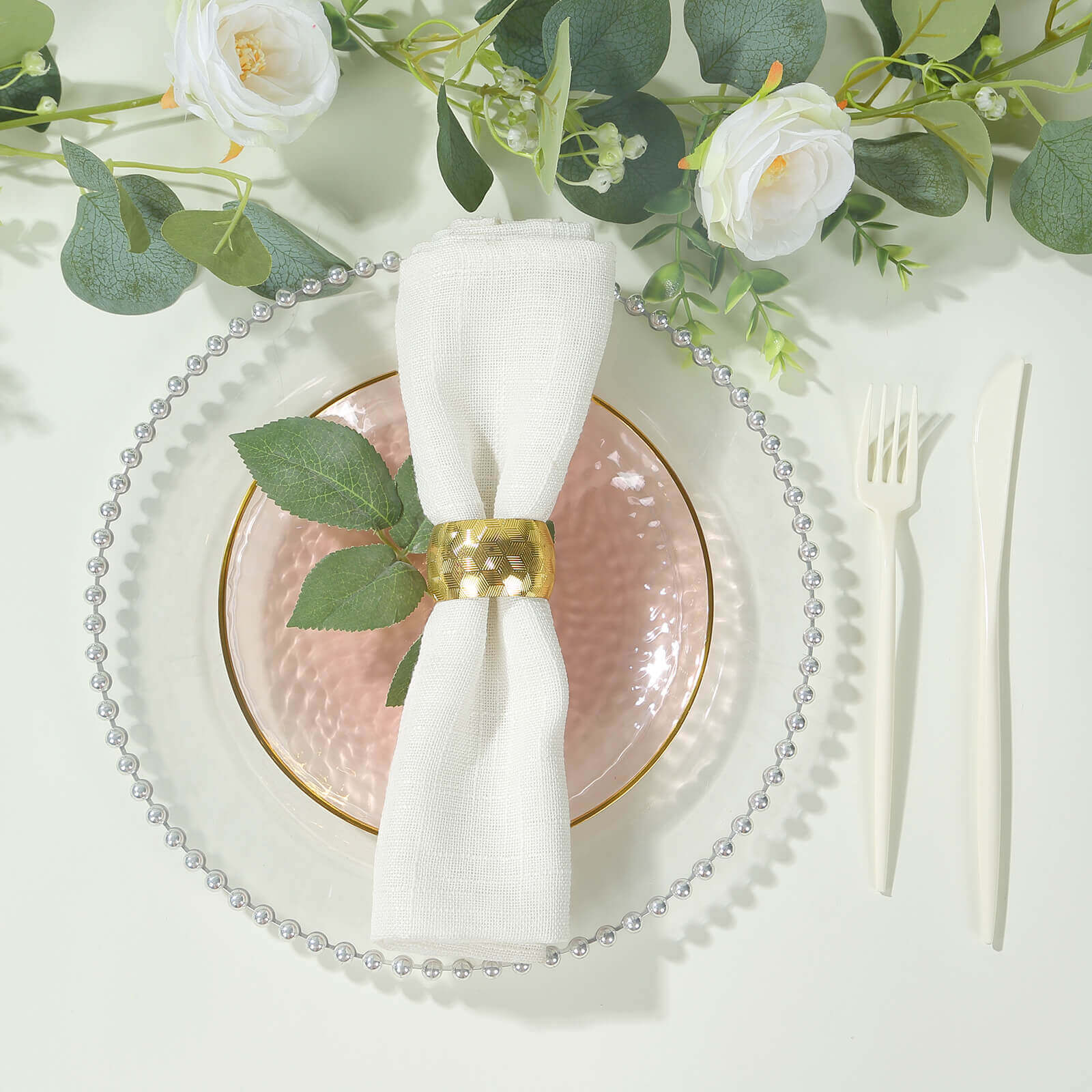 10-Pack Transparent Blush Hammered Plastic Round Dessert Plates with Gold Rim - Disposable & Modern