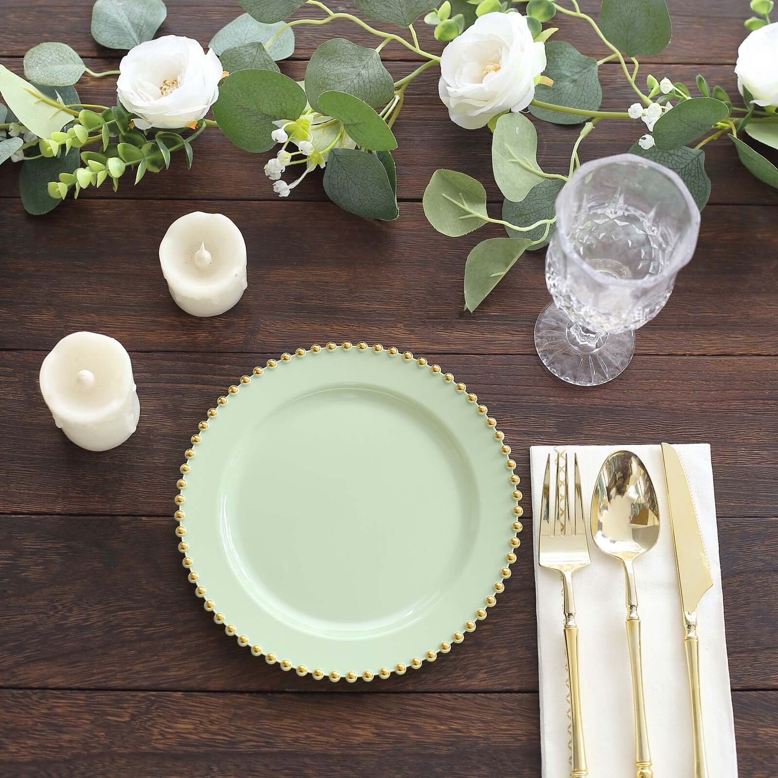 Hot Deal! 10-Piece Set of Sage Green Round Disposable Plastic Dessert Plates with Gold Beaded Rim for Parties