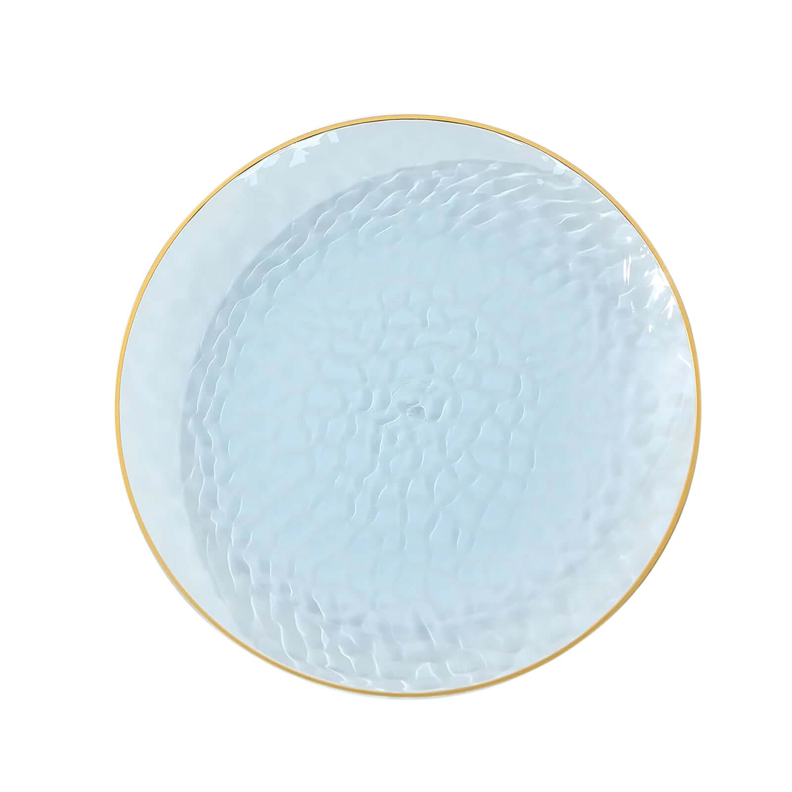 10-Pack 9-Inch Transparent Dusty Blue Hammered Plastic Dinner Plates with Gold Rim - Disposable for Parties