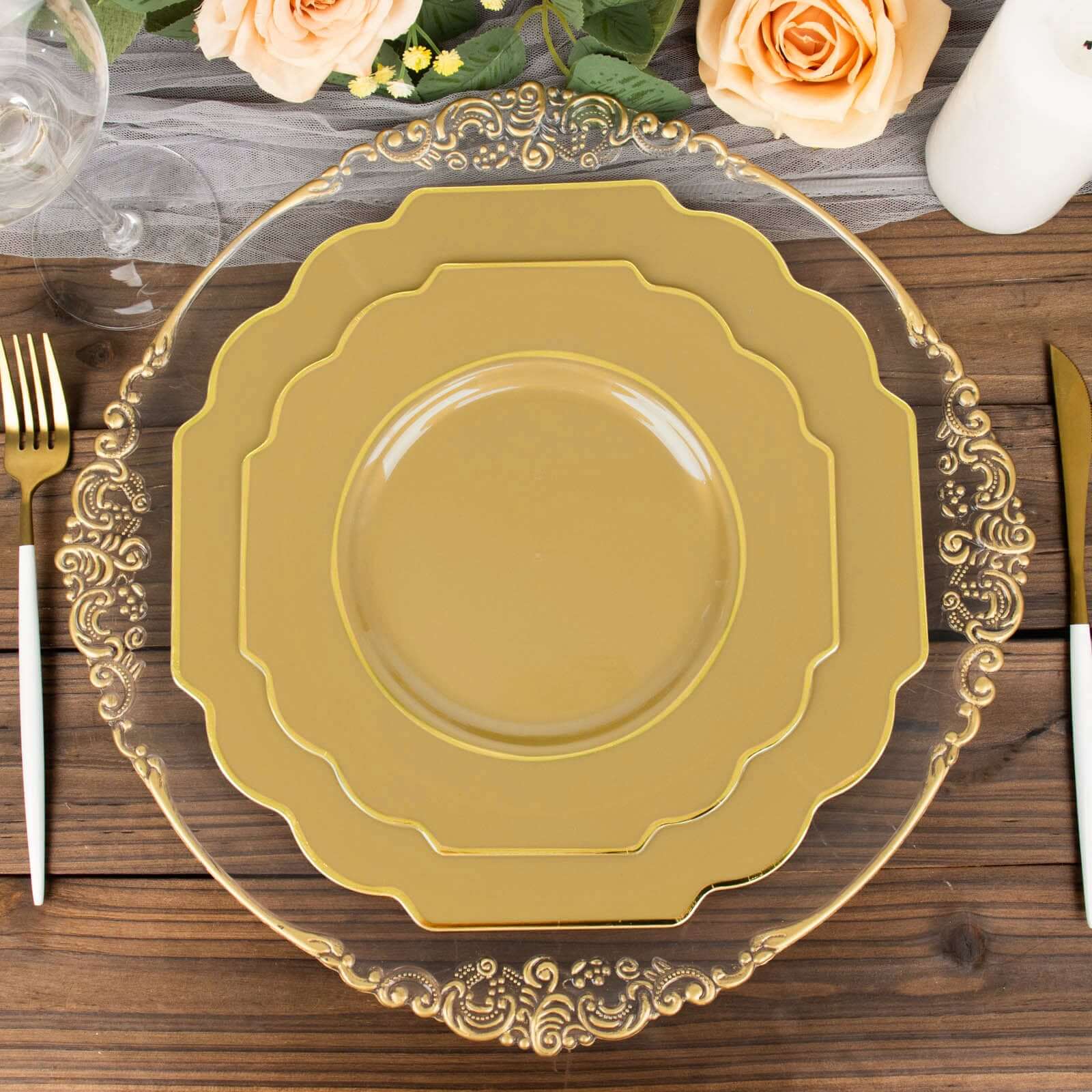 Get 10-Pack Heavy Duty Disposable Gold Baroque Dinner Plates with Scalloped Rim for Events