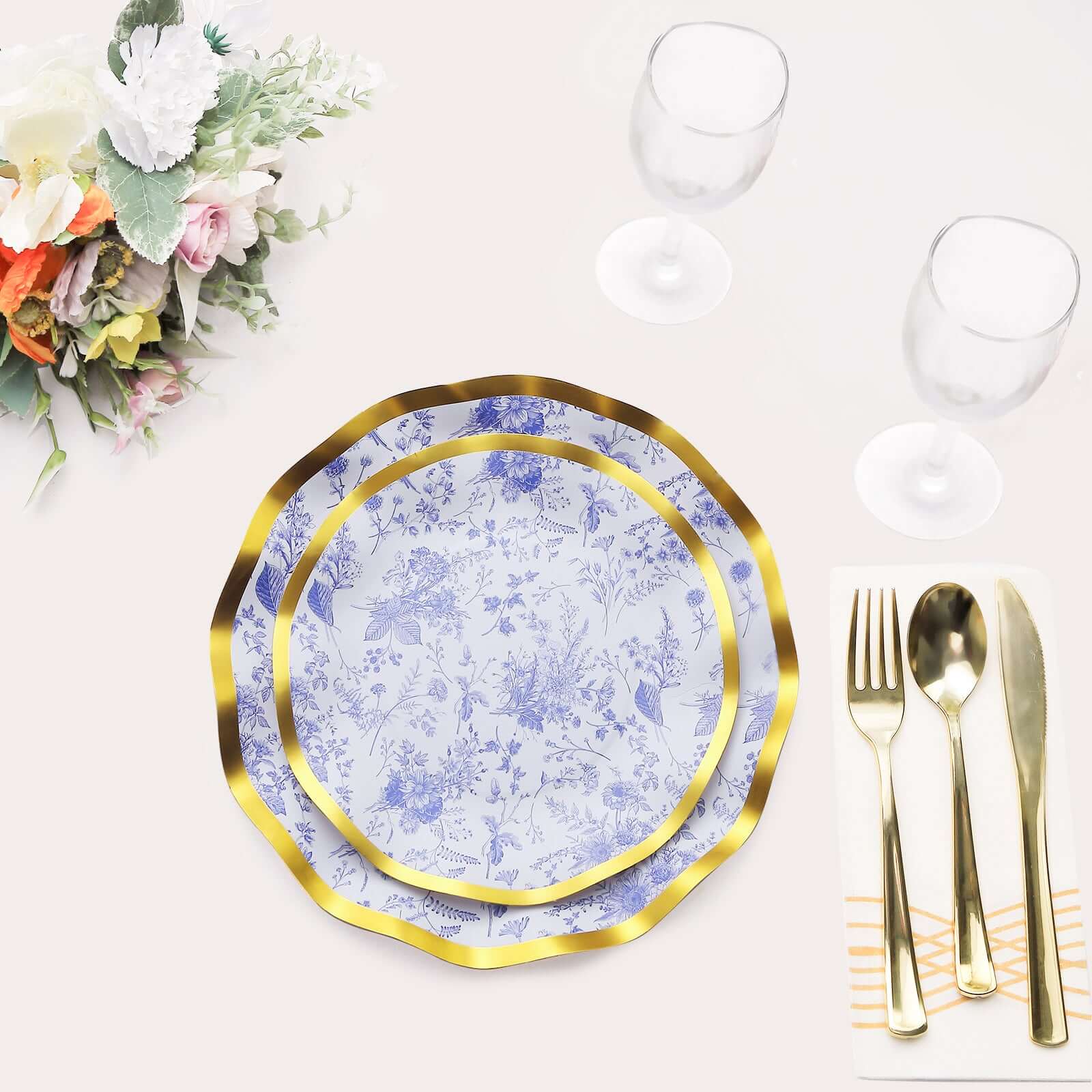 25-Pack Disposable 8-Inch Round White Salad Plates with Blue French Toile Pattern and Gold Wavy Rim - High-Quality Deal