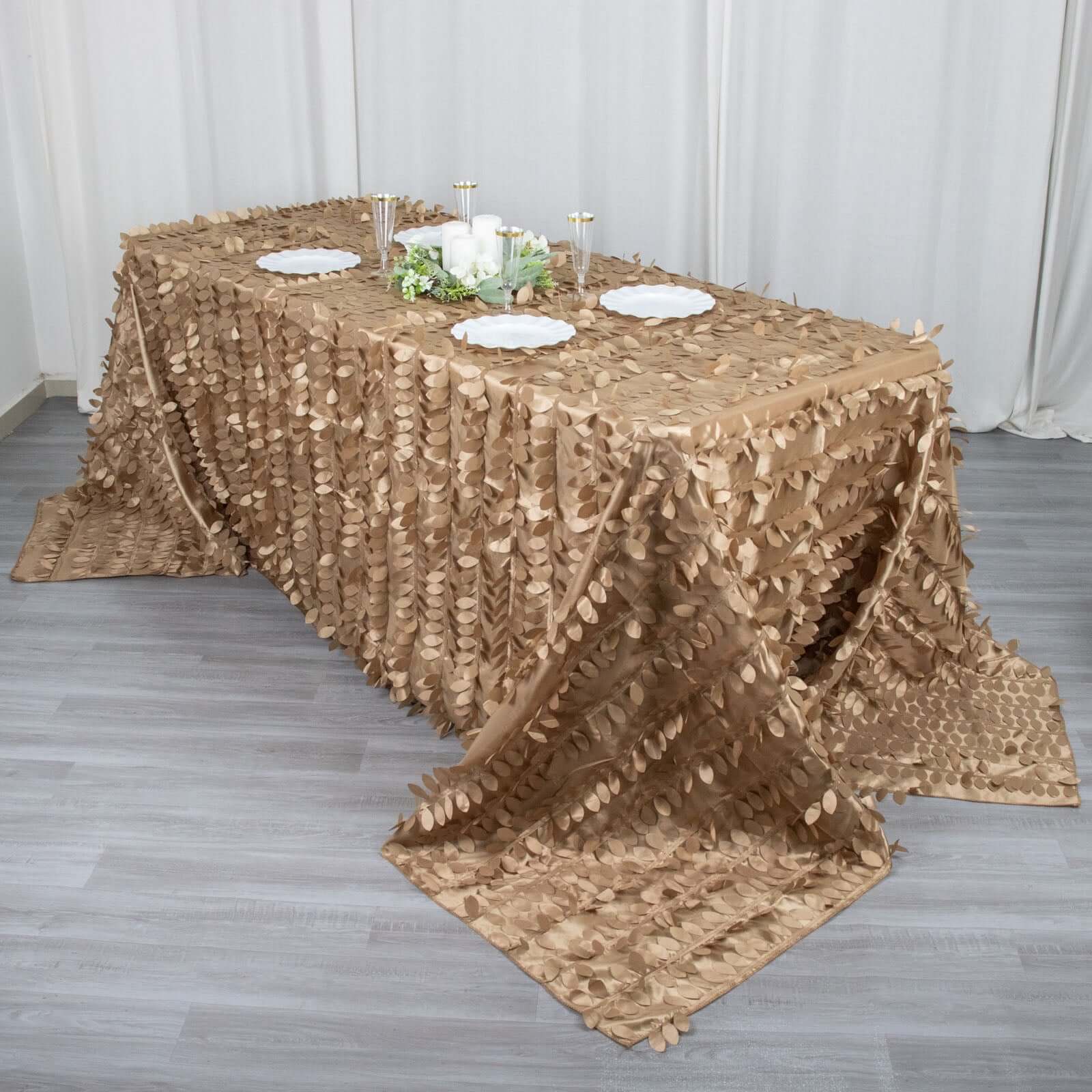 Taupe Taffeta 90x132 Rectangle Tablecloth with 3D Seamless Leaf Petal Design