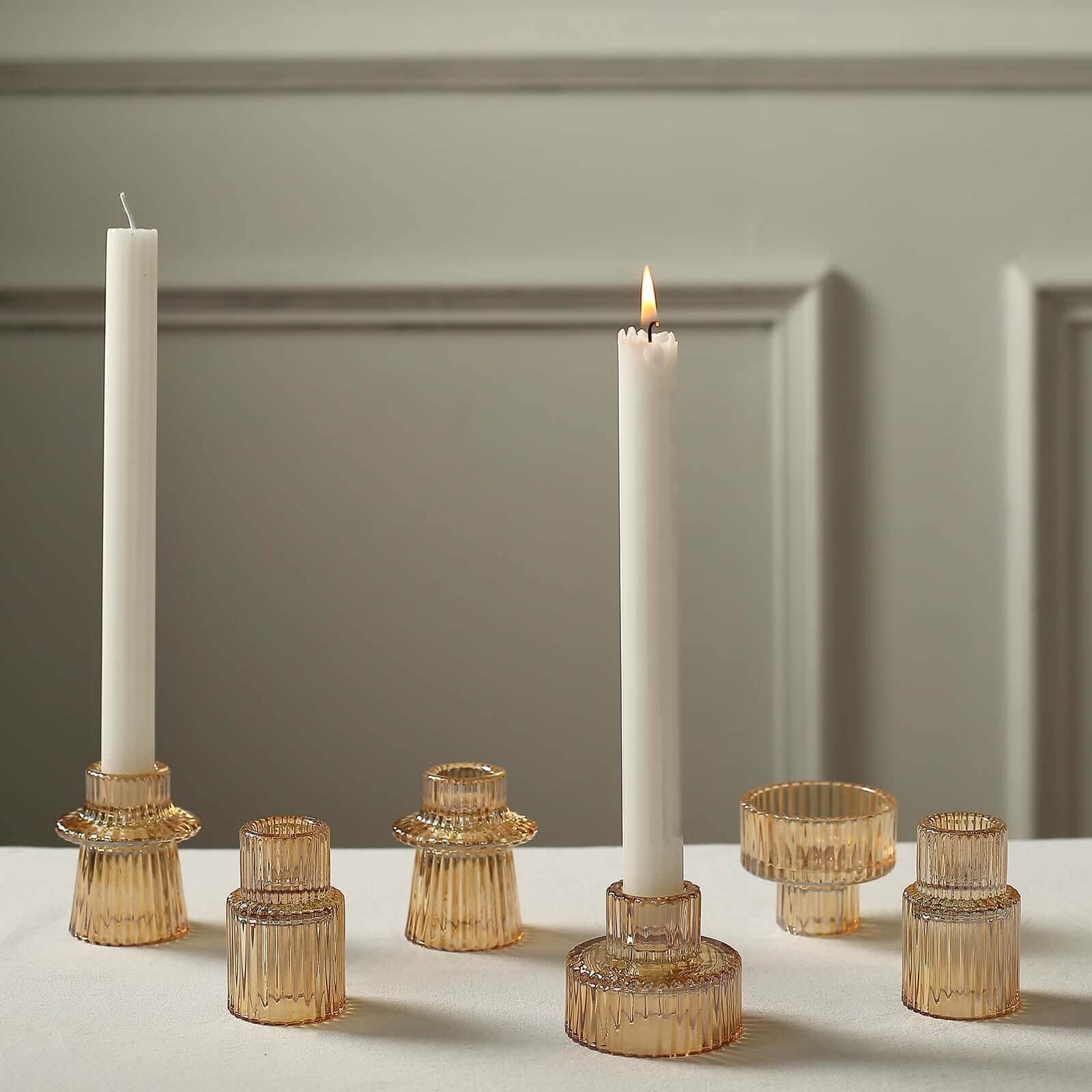 Hot Sale! Set of 6 Amber Gold Glass Taper Candle Holders with Ribbed Crystal Design
