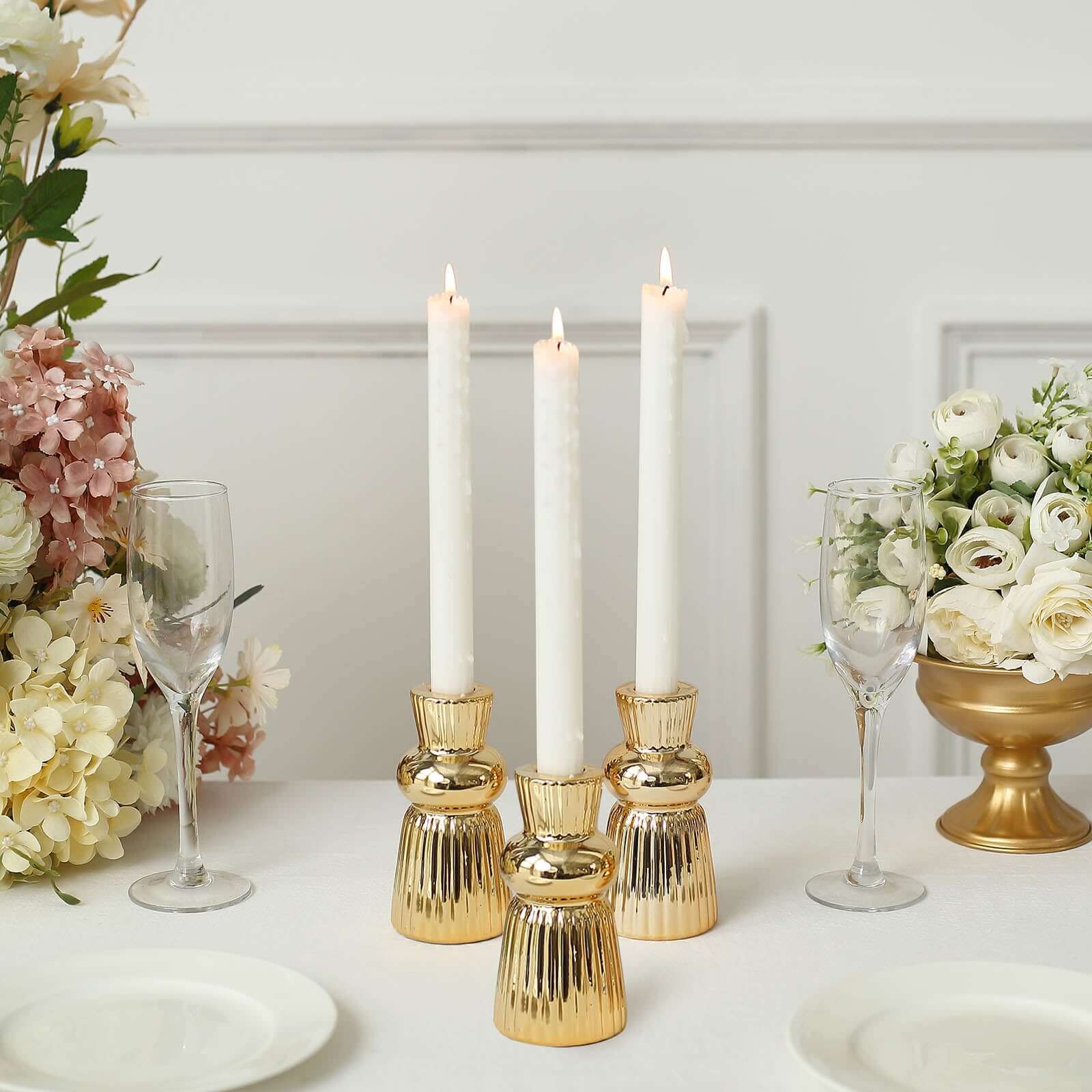 Set of 3 Metallic Gold Ceramic Taper Candle Holders with Fluted Ball Neck Design