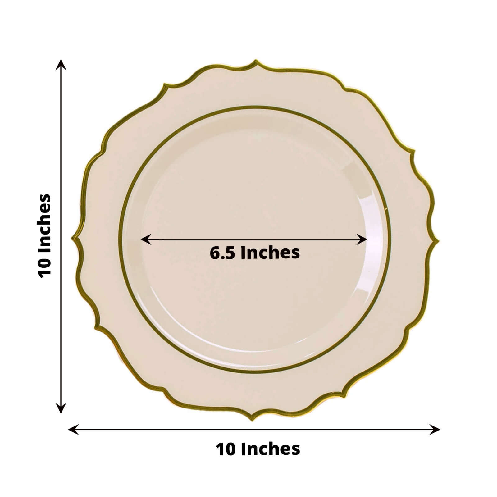 Hot Sale! 10-Piece Disposable Plastic Round Dinner Plates in Taupe with Gold Scalloped Rims