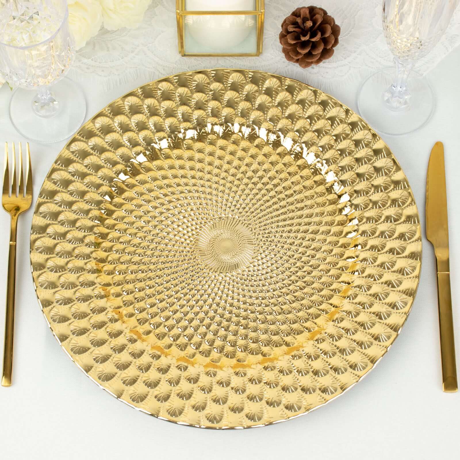 Set of 6 Gold Plastic Round Charger Plates with Peacock Pattern, 13-inch for Elegant Dinner Parties