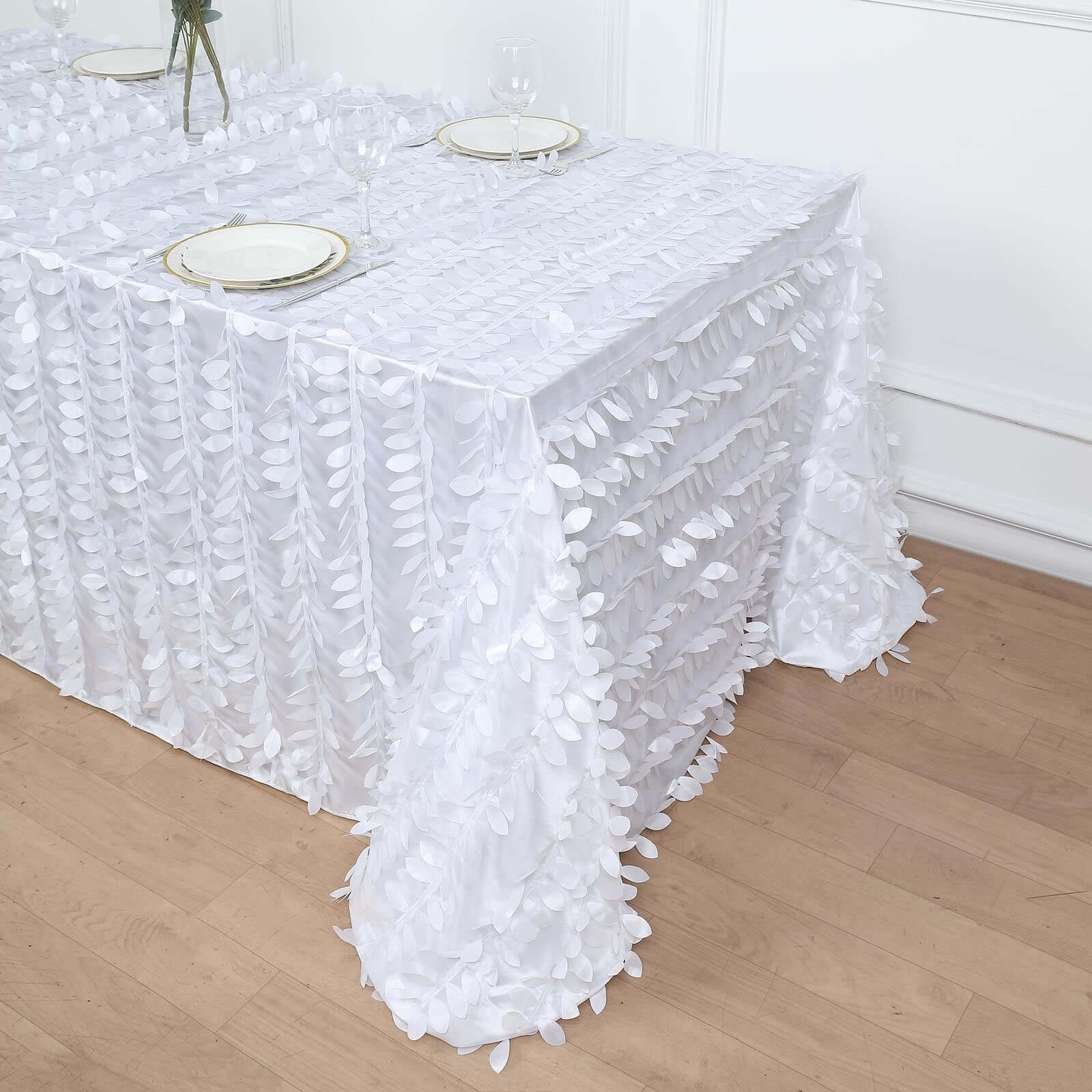 White Taffeta Rectangle Tablecloth 90x132 | 3D Leaf Petal Design for Elegant Weddings & Events