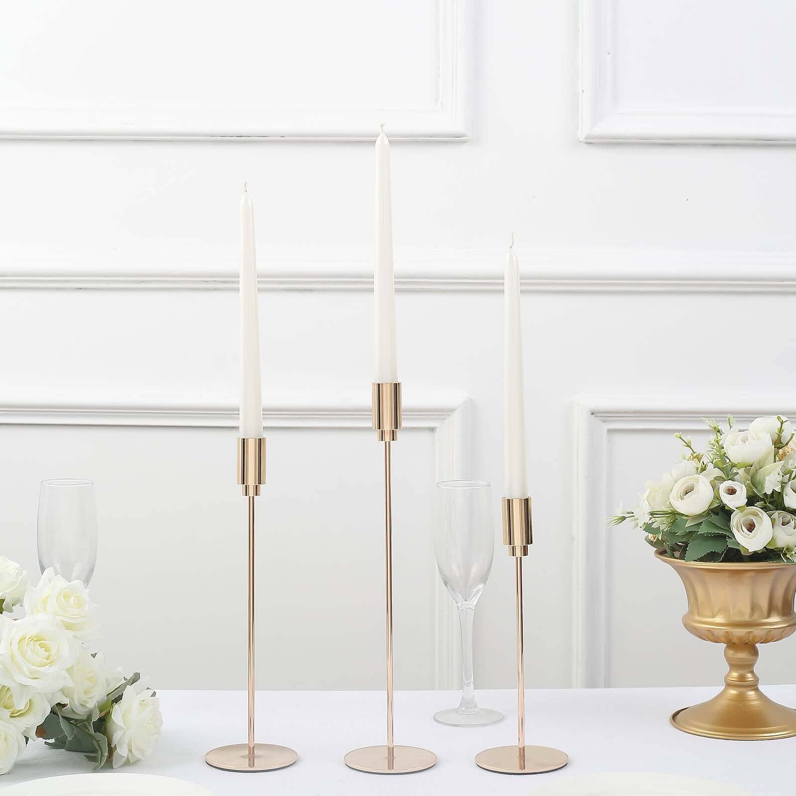 Gold Metal Set of 3 Taper Candle Stands with Round Base - Ideal for Weddings