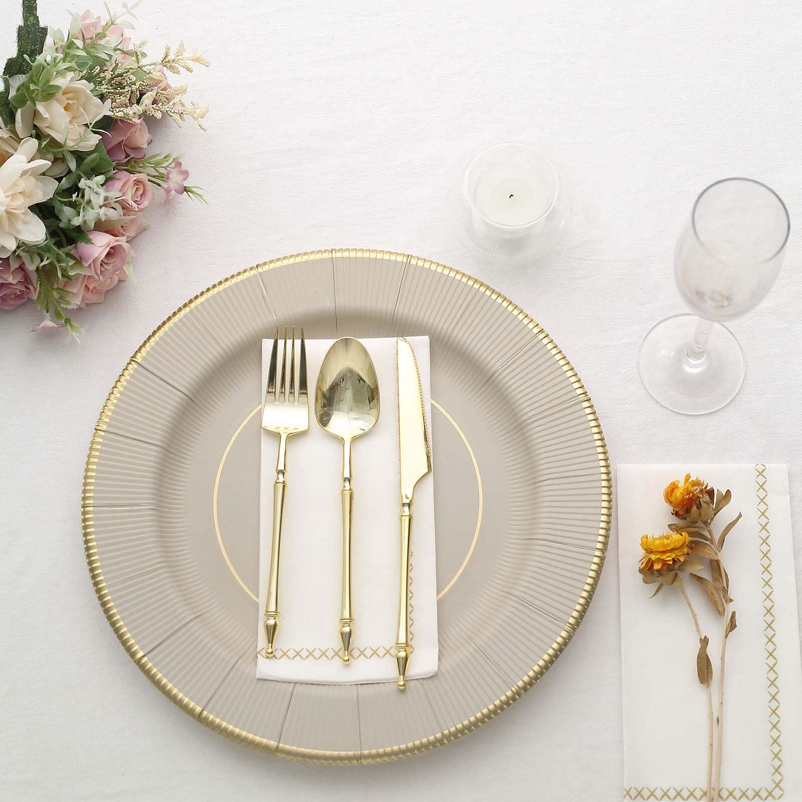 25-Piece Set of Disposable Heavy Duty 350GSM Paper Charger Plates in Taupe Sunray Design with Gold Rim, 13 Inches