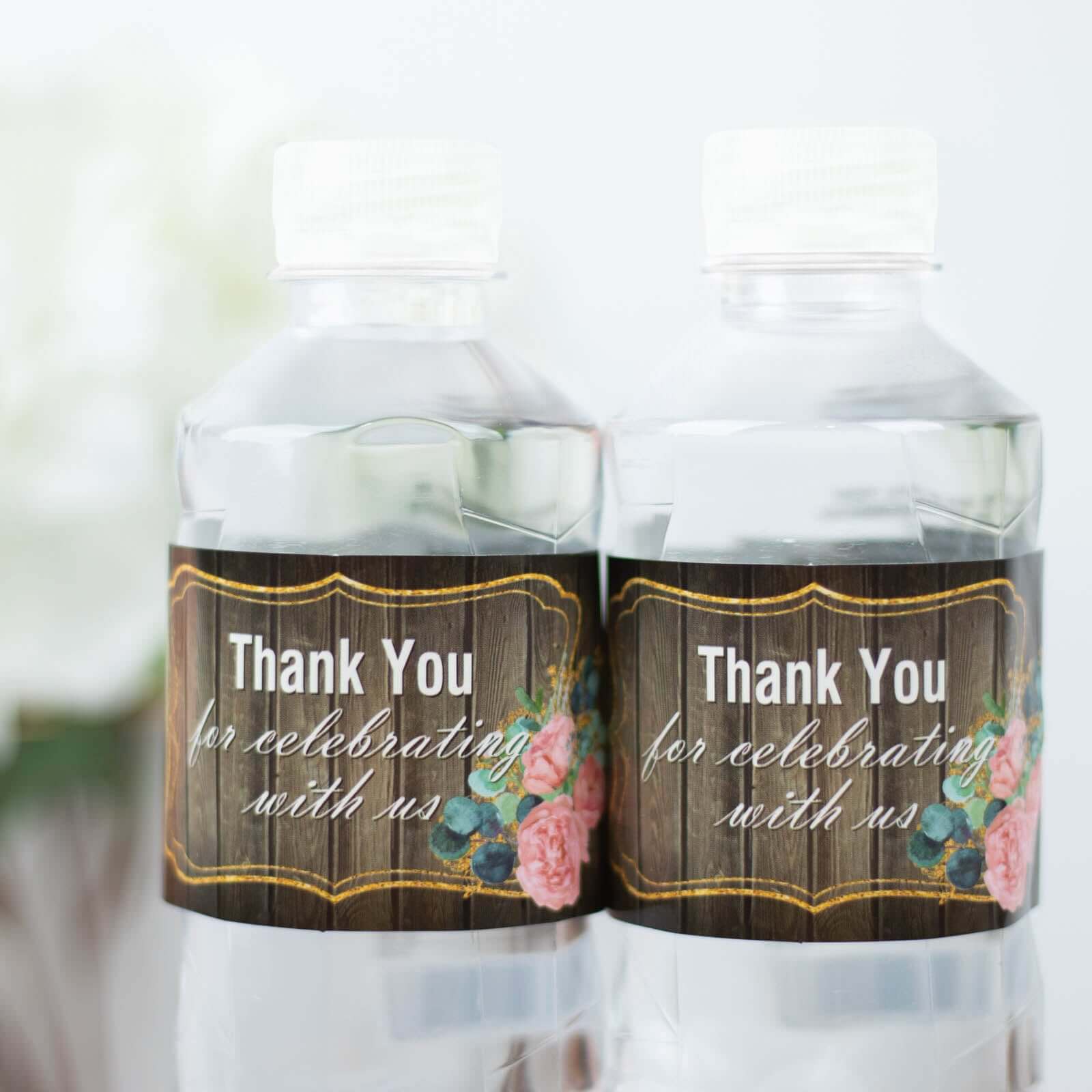 24-Pack Waterproof Rustic Water Bottle Labels with Gold Floral Frame - Thank You!