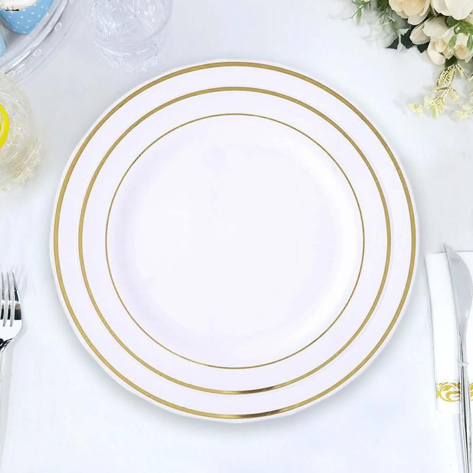 10-Piece Set of Disposable Ivory Plastic Dessert Plates with Stylish Gold Rim, 8 Inches