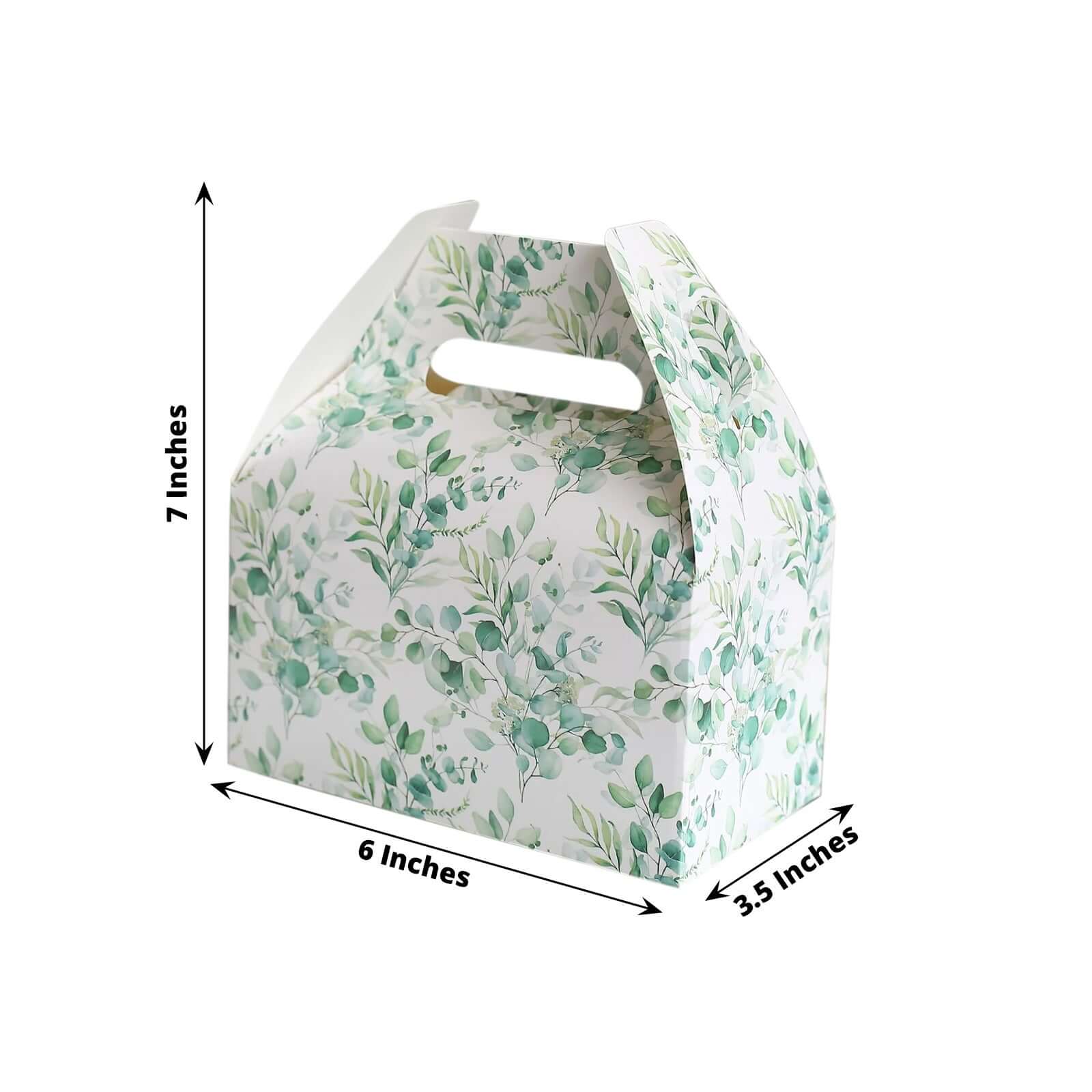 25-Pack White and Green Eucalyptus Leaves Printed Tote Gable Party Favor Boxes, 6x3.5x7