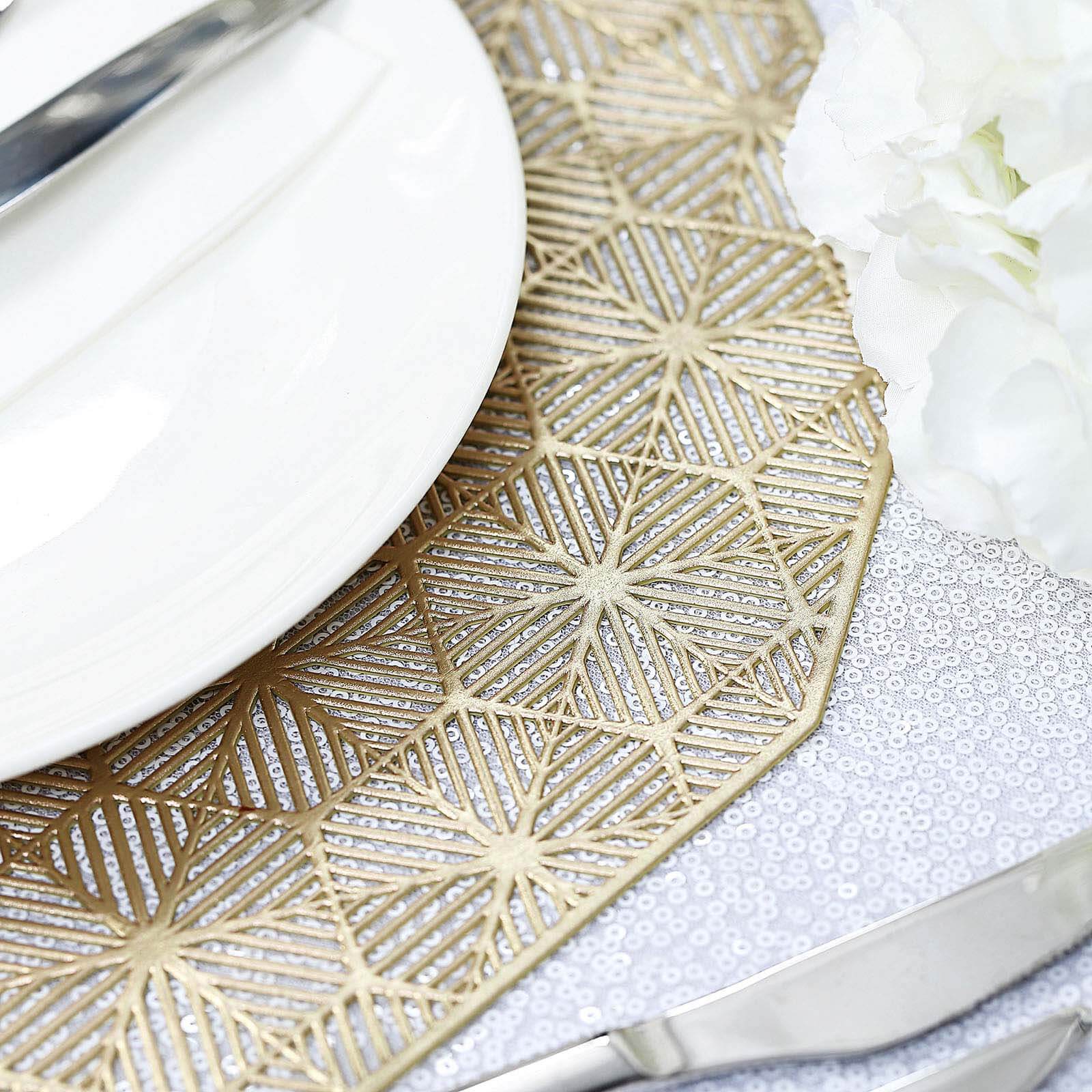 6-Piece Gold Geometric Woven Vinyl Dining Table Mats with Non-Slip Surface, 15 Inches