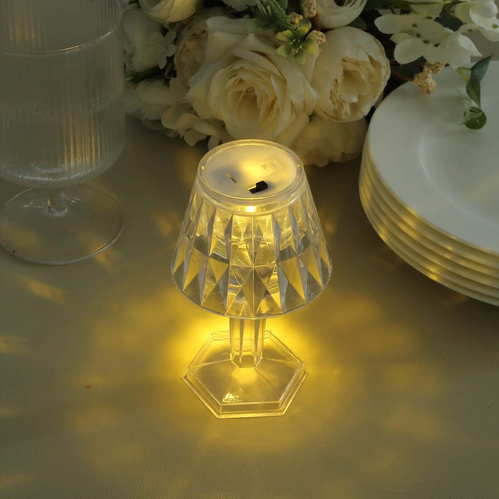6-Piece Set of Clear Acrylic LED Warm White Accent Night Lights with Diamond Design, 4.5 inches Tall