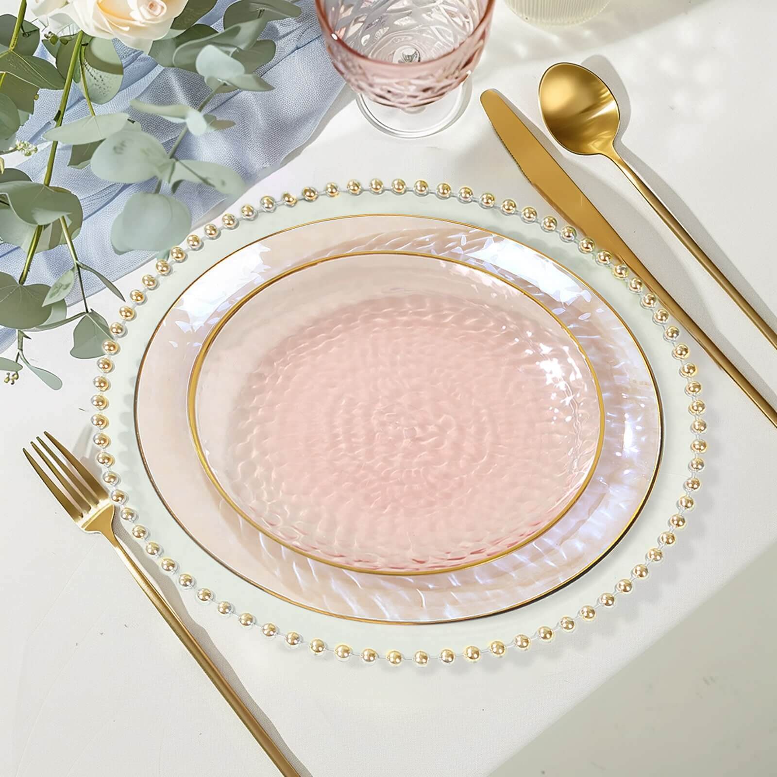 10-Pack Transparent Blush Hammered Plastic Round Dessert Plates with Gold Rim - Disposable & Modern