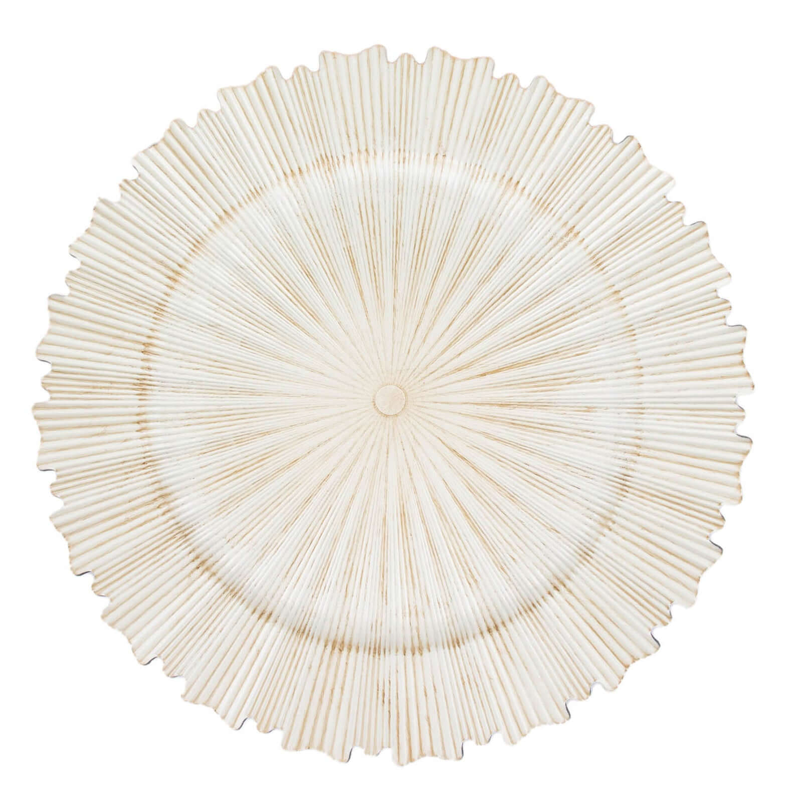 6-Piece Set of 13-Inch Washwhite Acrylic Charger Plates with Sunray Scalloped Rim for Dinner Parties