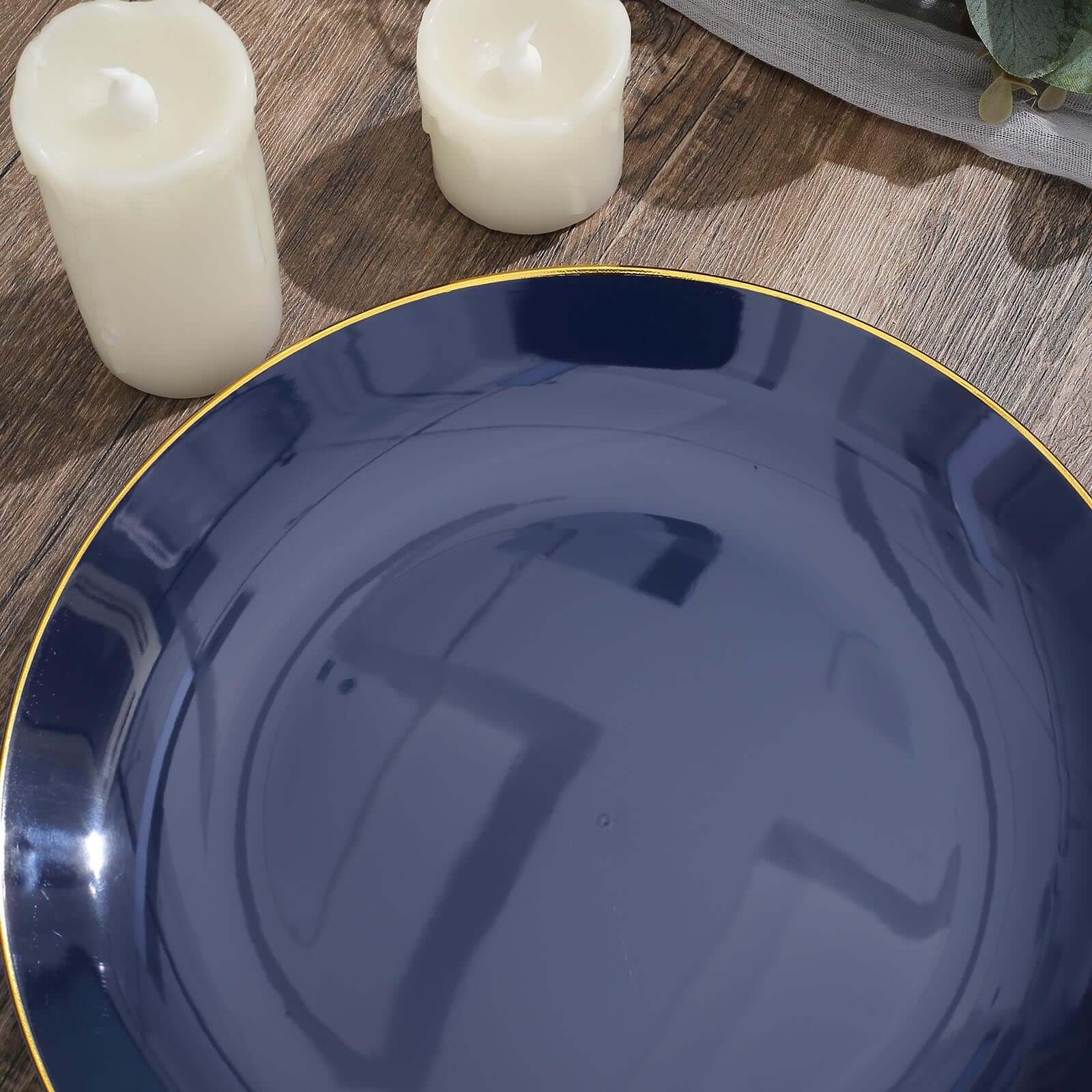 10-Pack Navy Blue Plastic Round Dinner Plates with Gold Rim - Disposable for Party