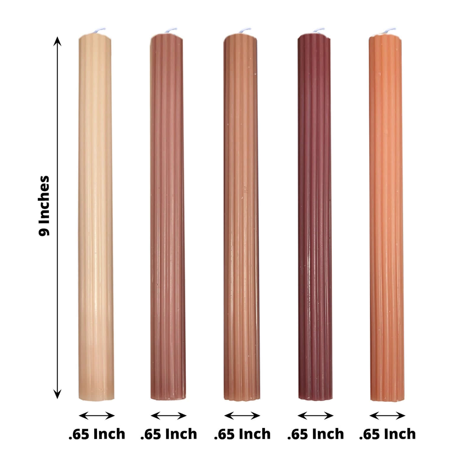 Premium Unscented 5-Pack Taper Candles with Ribbed Wick and Assorted Natural Wax Design, 9 Inches