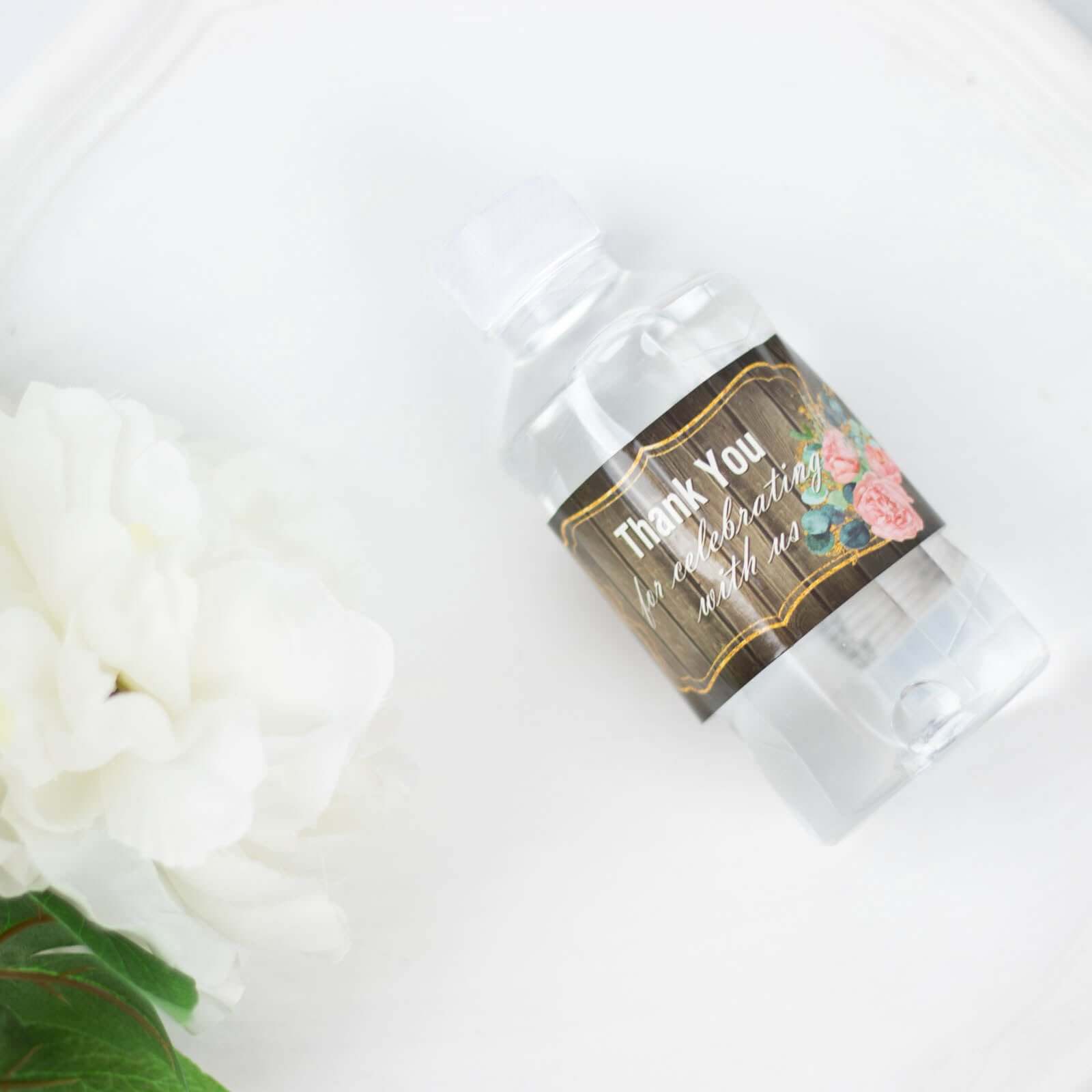 24-Pack Waterproof Rustic Water Bottle Labels with Gold Floral Frame - Thank You!