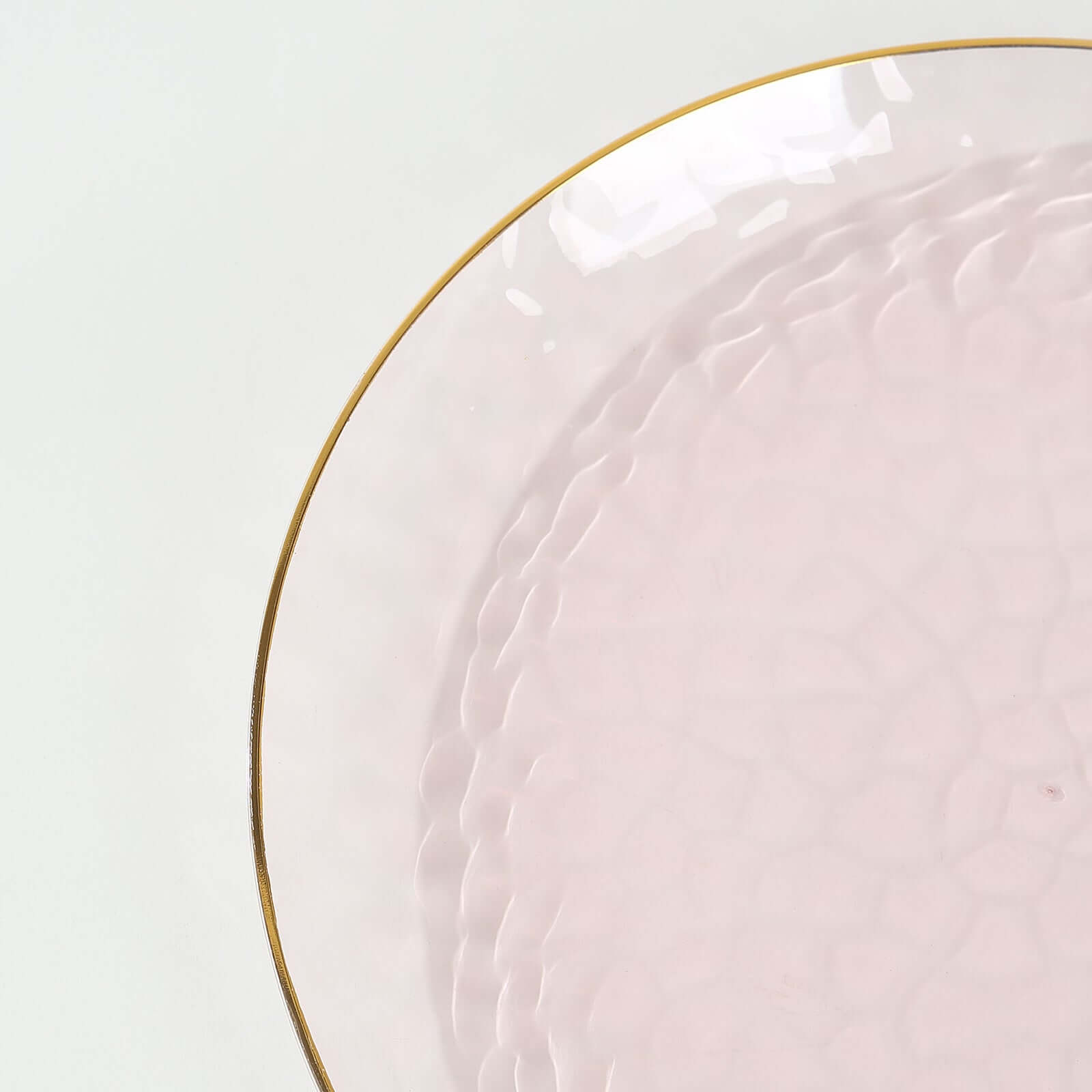 10-Piece Set of 9-Inch Transparent Blush Plastic Dinner Plates with Hammered Gold Rim - Disposable for Parties