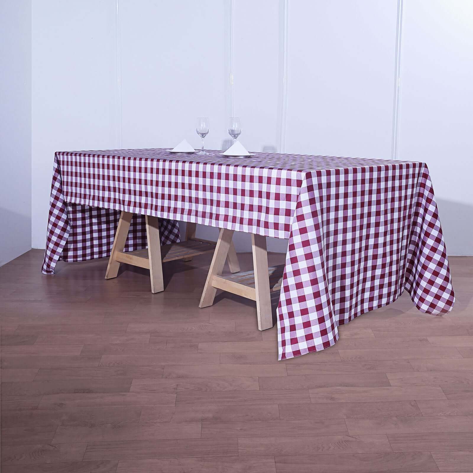 Hot Deal! 60x126 Polyester Buffalo Plaid White/Burgundy Rectangle Tablecloth