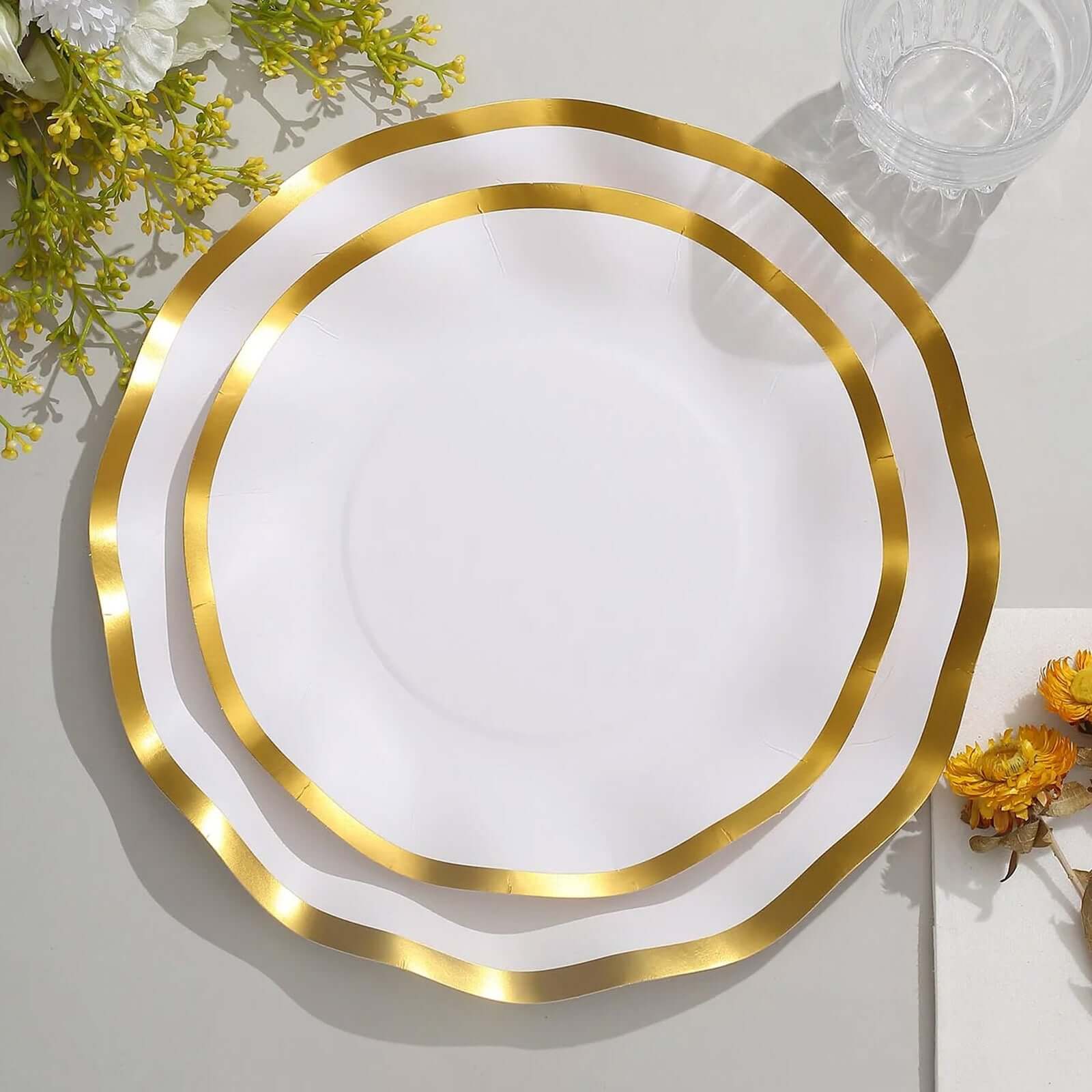 25-Piece Set of Disposable 8-Inch Round Matte White Paper Dessert Plates with Gold Wavy Rim for Upscale Events