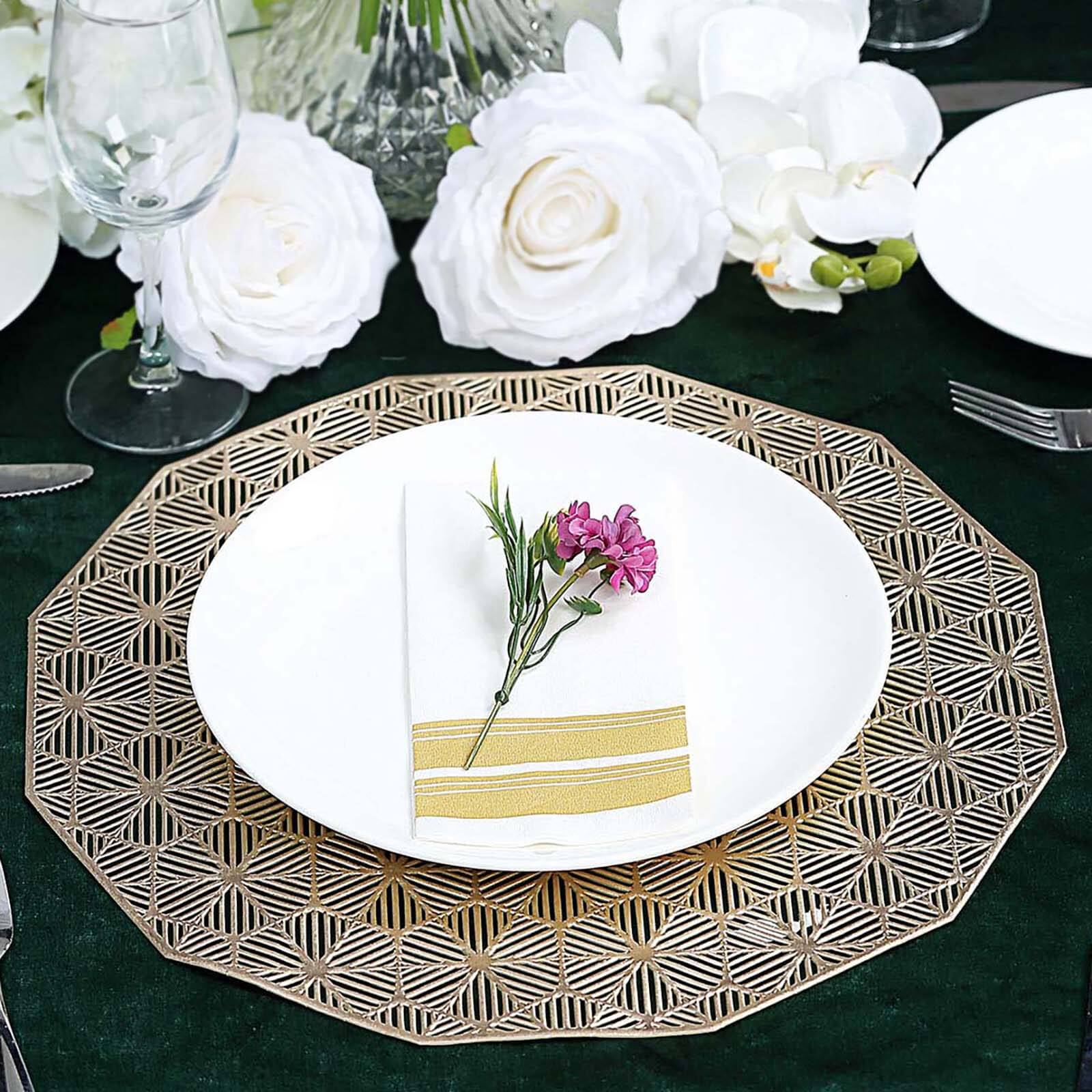 6-Piece Gold Geometric Woven Vinyl Dining Table Mats with Non-Slip Surface, 15 Inches