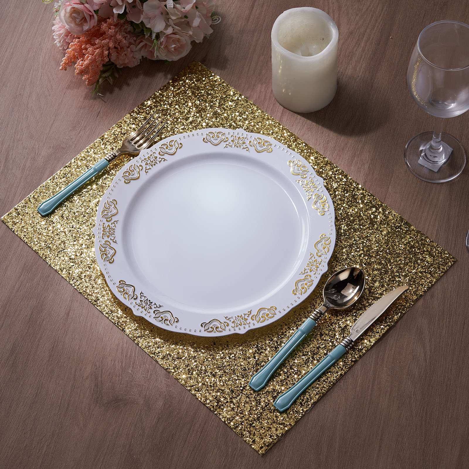 6-Pack Champagne Glitter Rectangle Placemats - Non-Slip & Heat-Resistant