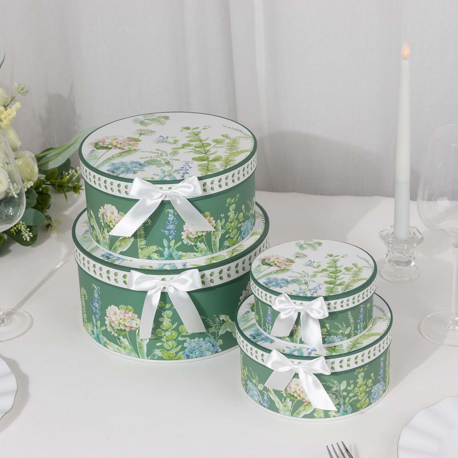 4-Piece Set of Greenery-Themed Cardstock Round Nesting Gift Boxes with Lids