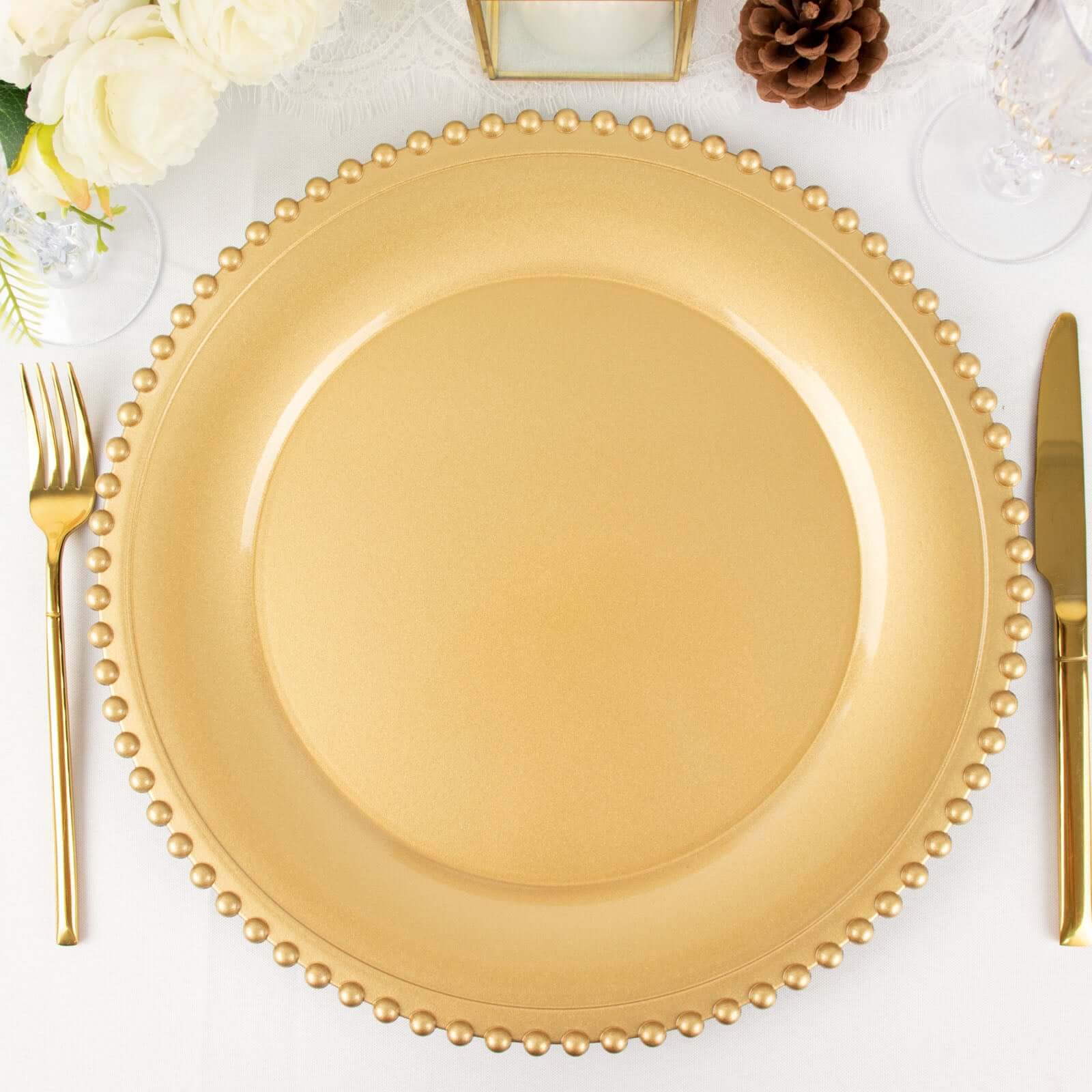 Hot Sale! 6-Pack Gold Acrylic Round Charger Plates with Beaded Rim for Decorative Dinner Parties