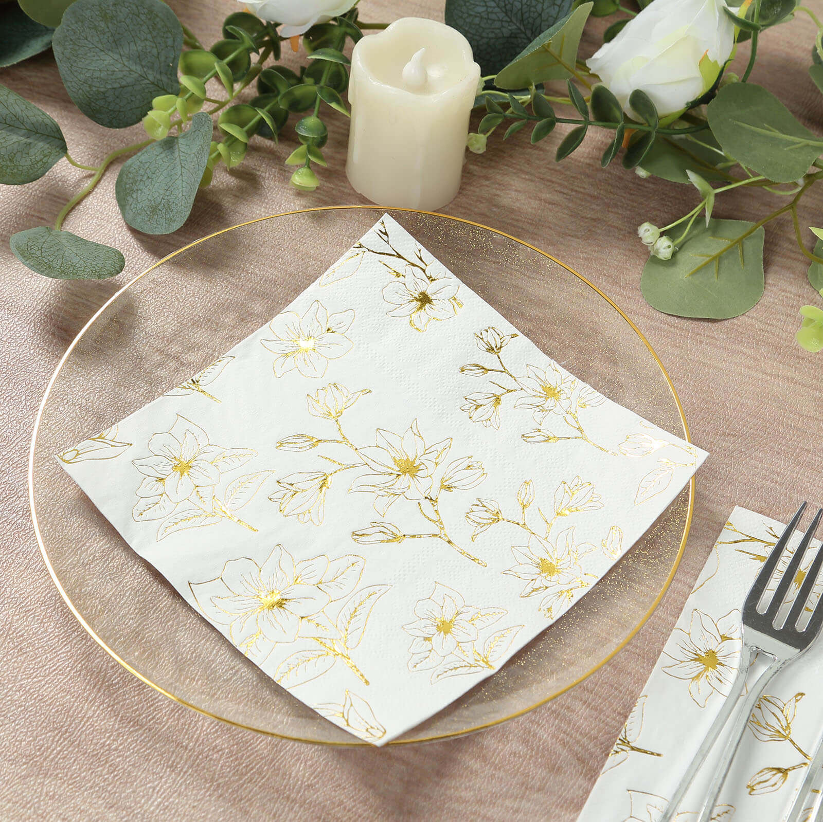 50-Pack 2-Ply Absorbent Soft White Paper Cocktail Napkins with Gold Magnolia Prints
