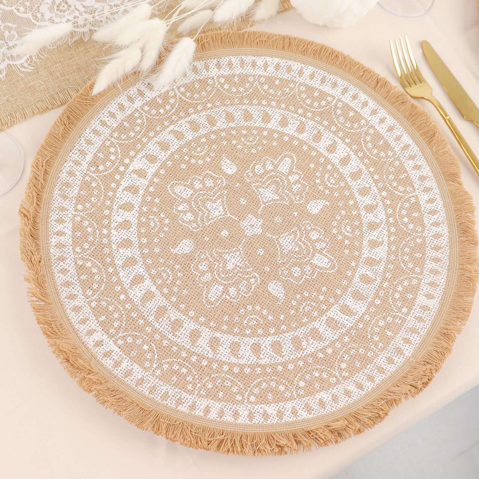 4-Pack Natural Jute and White Round Placemats with Fringe Print - Rustic Style, 15"