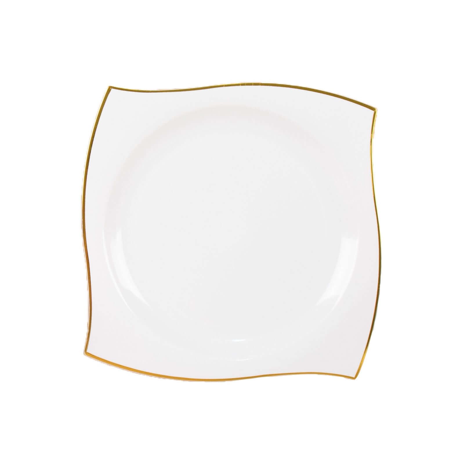 10-Piece Set of White Plastic Square Dinner Plates with Gold Wavy Rim for Luxury Parties